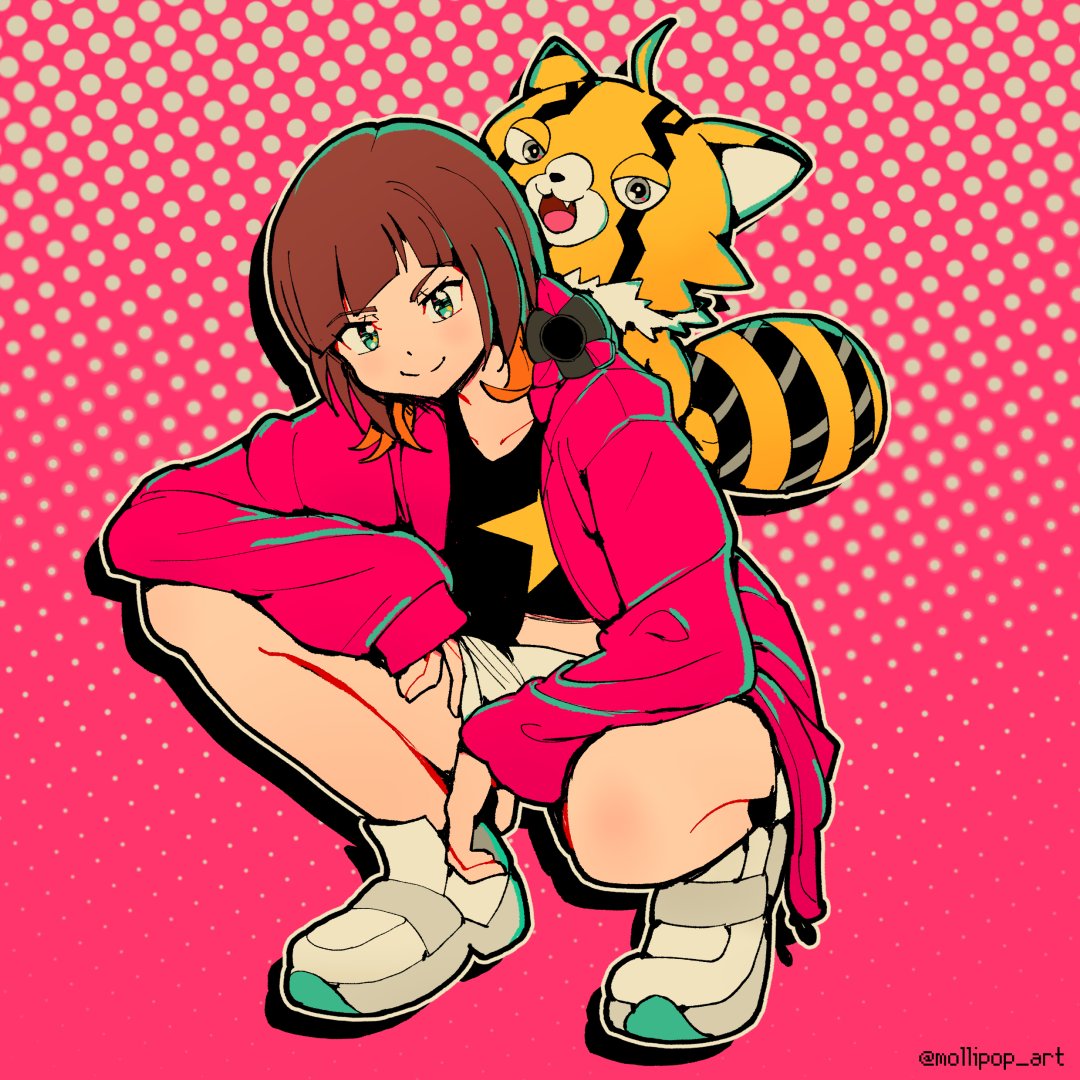 mollipop art, pristimon, sakuya reina, digimon, digimon beatbreak, 1girl, animate object, black shirt, brown hair, digimon (creature), full body, green eyes, hood, hooded jacket, jacket, open clothes, open jacket, pink background, pink jacket, shirt, short hair, shorts, simple background, smile, stuffed toy, white shorts