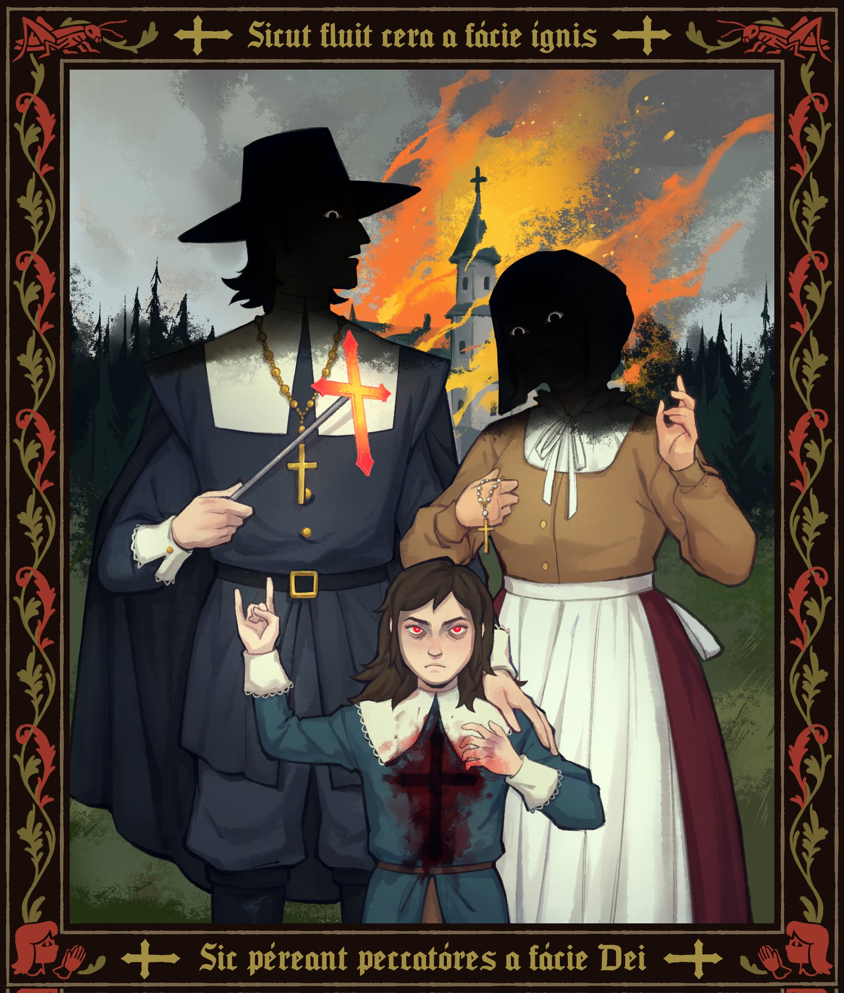 mebssann, abaddon (haunted hotel), abaddon (human) (haunted hotel), haunted hotel, highres, beads, bleeding, blood, blood on clothes, blood on hands, branding iron, brown hair, cross, demon, demon boy, holding rosary, latin commentary, latin cross, prayer beads, red eyes, rosary
