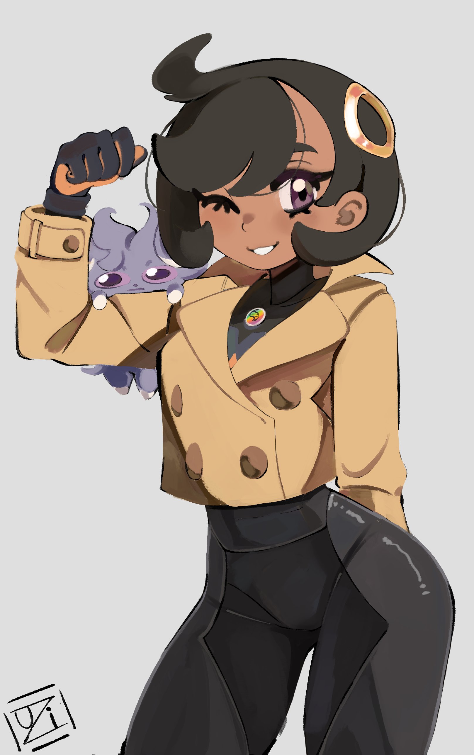 emma (pokemon), espurr, nintendo, pokemon, pokemon legends: z-a, absurdres, highres, 1girl, black bodysuit, black gloves, black hair, bodysuit, brown coat, clenched hand, coat, gen 6 pokemon, gloves, grey background, hair ornament, looking at viewer, one eye closed, pokemon (creature), purple eyes, short hair, simple background, smile, standing, uzinaaaa