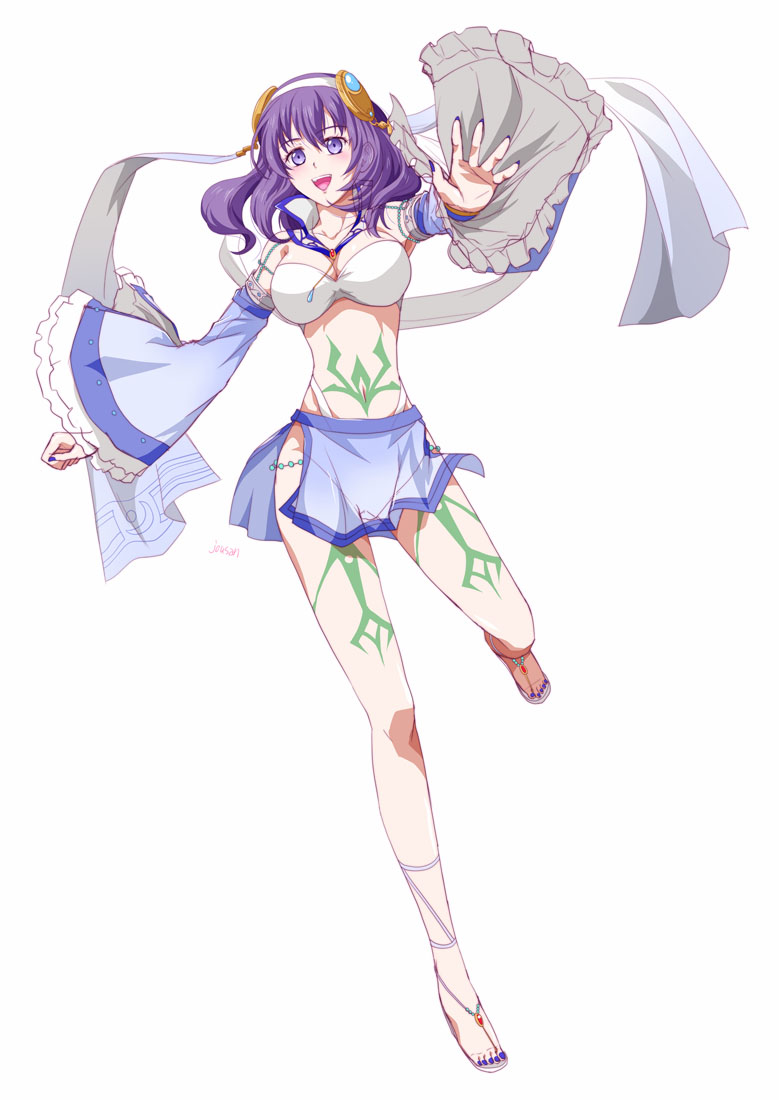 xiacheng tatsuya, rixia mao, ao no kiseki, eiyuu densetsu, zero no kiseki, 1girl, breasts, detached sleeves, double-parted bangs, dress, floating hair, full body, hair between eyes, hairband, large breasts, long hair, looking at viewer, nail polish, navel, open mouth, purple eyes, purple hair, simple background, smile, solo, stomach, tachi-e, tattoo, white background