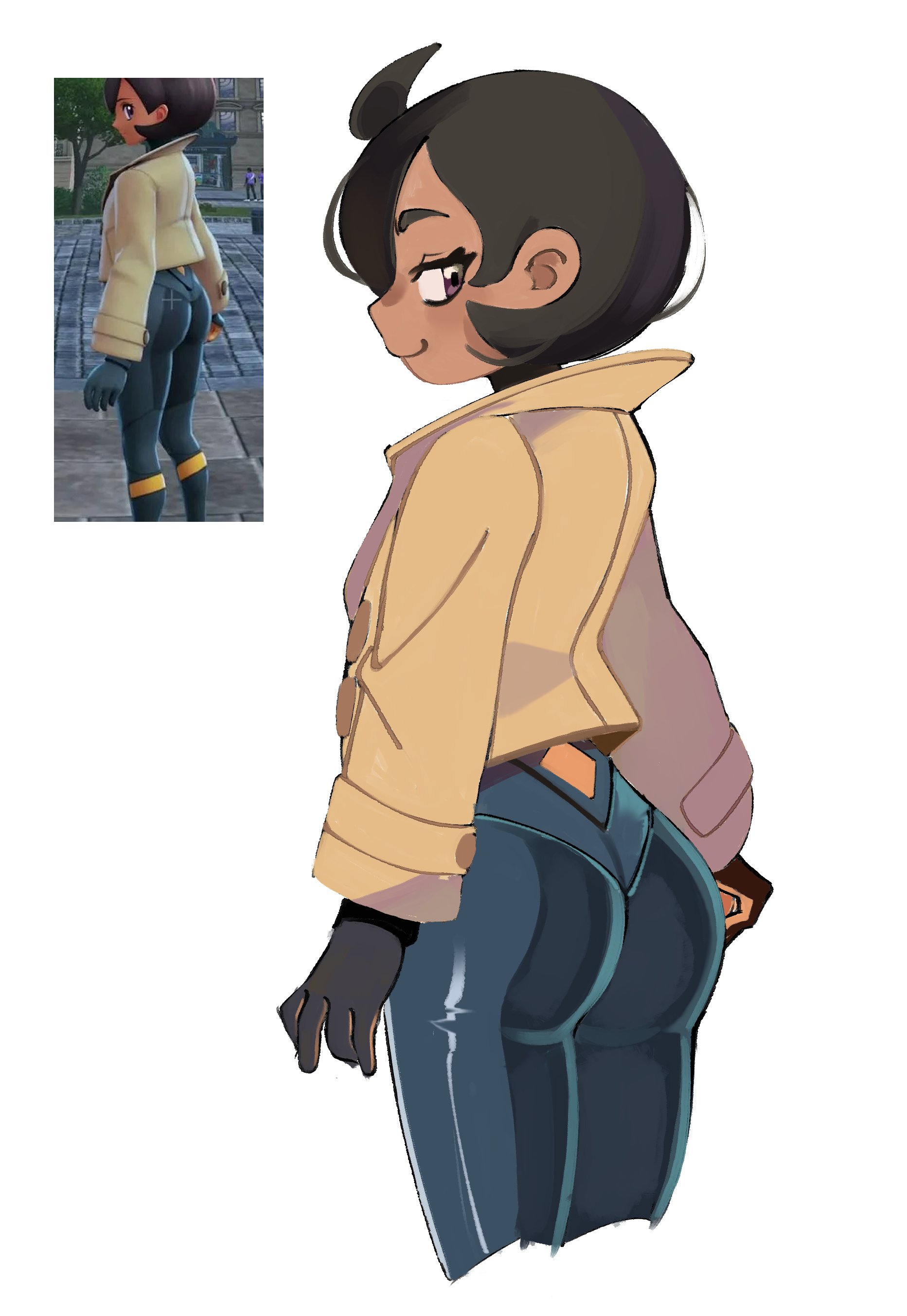 emma (pokemon), nintendo, pokemon, pokemon legends: z-a, absurdres, commentary, english commentary, highres, photo-referenced, 1girl, ass, black bodysuit, black gloves, black hair, bodysuit, brown coat, closed mouth, coat, from behind, gloves, hair ornament, looking at viewer, purple eyes, short hair, simple background, smile, uzinaaaa, white background