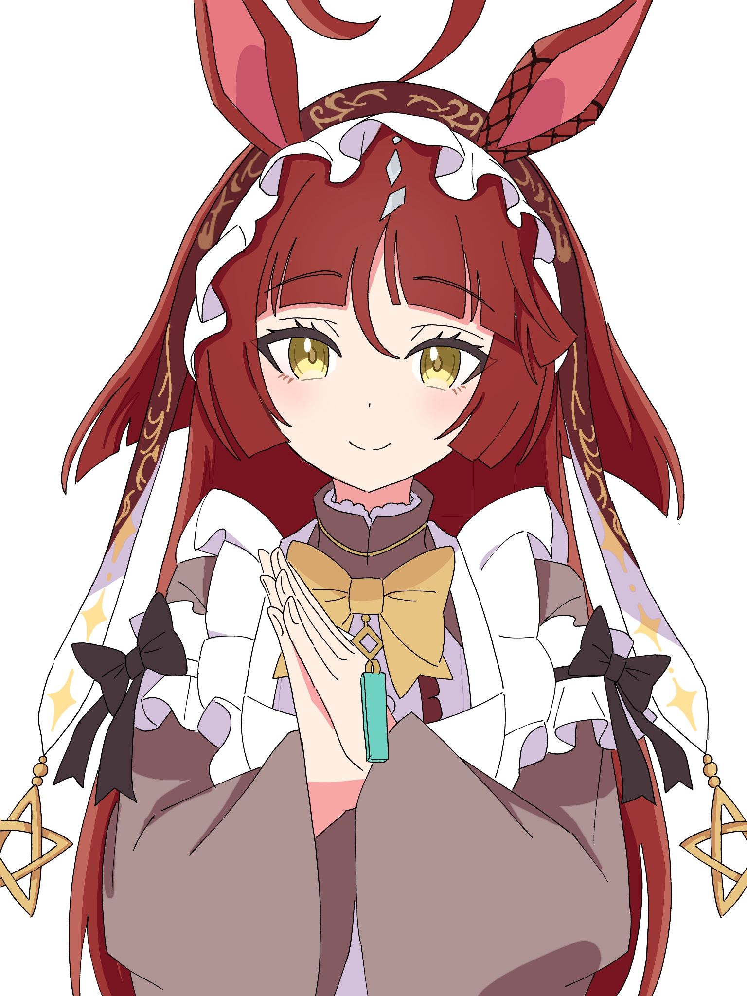 yayamadai, red desire (umamusume), umamusume, highres, 1girl, ahoge, animal ears, apron, blunt bangs, blunt ends, closed mouth, dress, green dress, hairband, horse ears, horse girl, long hair, long sleeves, own hands together, red hair, red hairband, simple background, smile, solo, split mouth, very long hair, white apron, white background, wide sleeves, yellow eyes