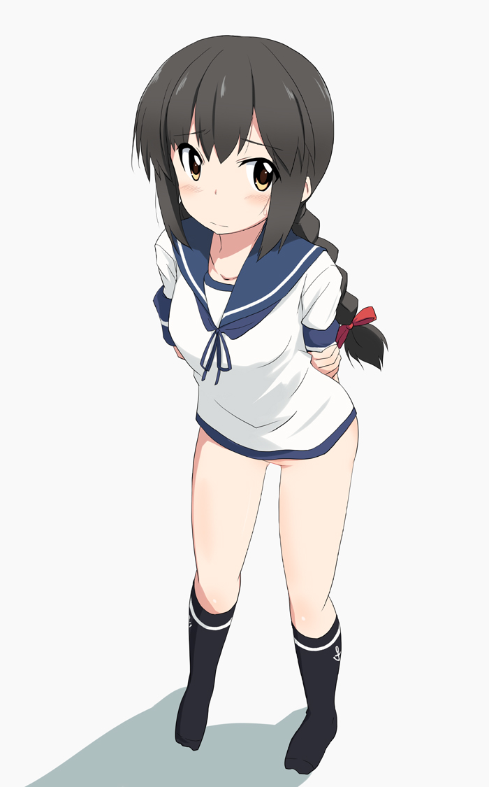 kugui kiyunemu, isonami (kancolle), kantai collection, commentary request, 1girl, anchor symbol, arms behind back, black socks, blue neckerchief, blue sailor collar, blush, braid, breasts, brown eyes, collarbone, full body, hair between eyes, kneehighs, long hair, looking at viewer, medium breasts, neckerchief, no panties, no pants, no pussy, sailor collar, shadow, shirt, sidelocks, simple background, single braid, socks, solo, standing, sweat, thighs, white background, white shirt