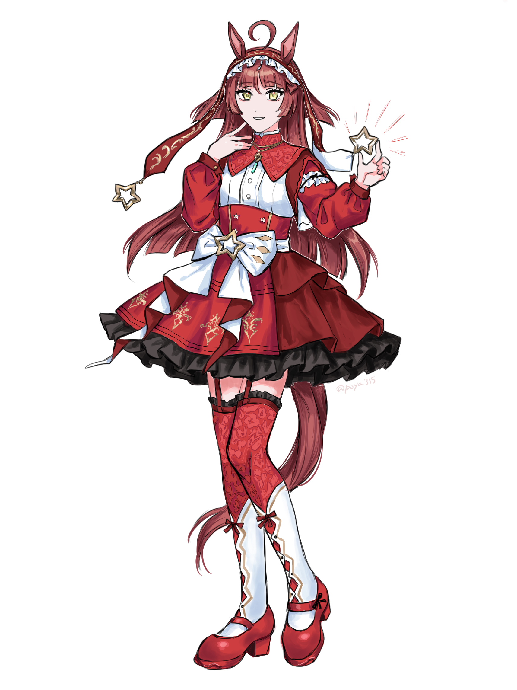 red desire (umamusume), umamusume, highres, 1girl, ahoge, animal ears, blunt bangs, blunt ends, dress, hairband, hand up, hands up, holding, holding star, horse ears, horse girl, horse tail, layered dress, long hair, long sleeves, parted lips, poya315, red dress, red eyes, red hair, red hairband, red shoes, red thighhighs, shoes, simple background, smile, socks, solo, star (symbol), tail, thighhighs, very long hair, white background, white socks, yellow eyes