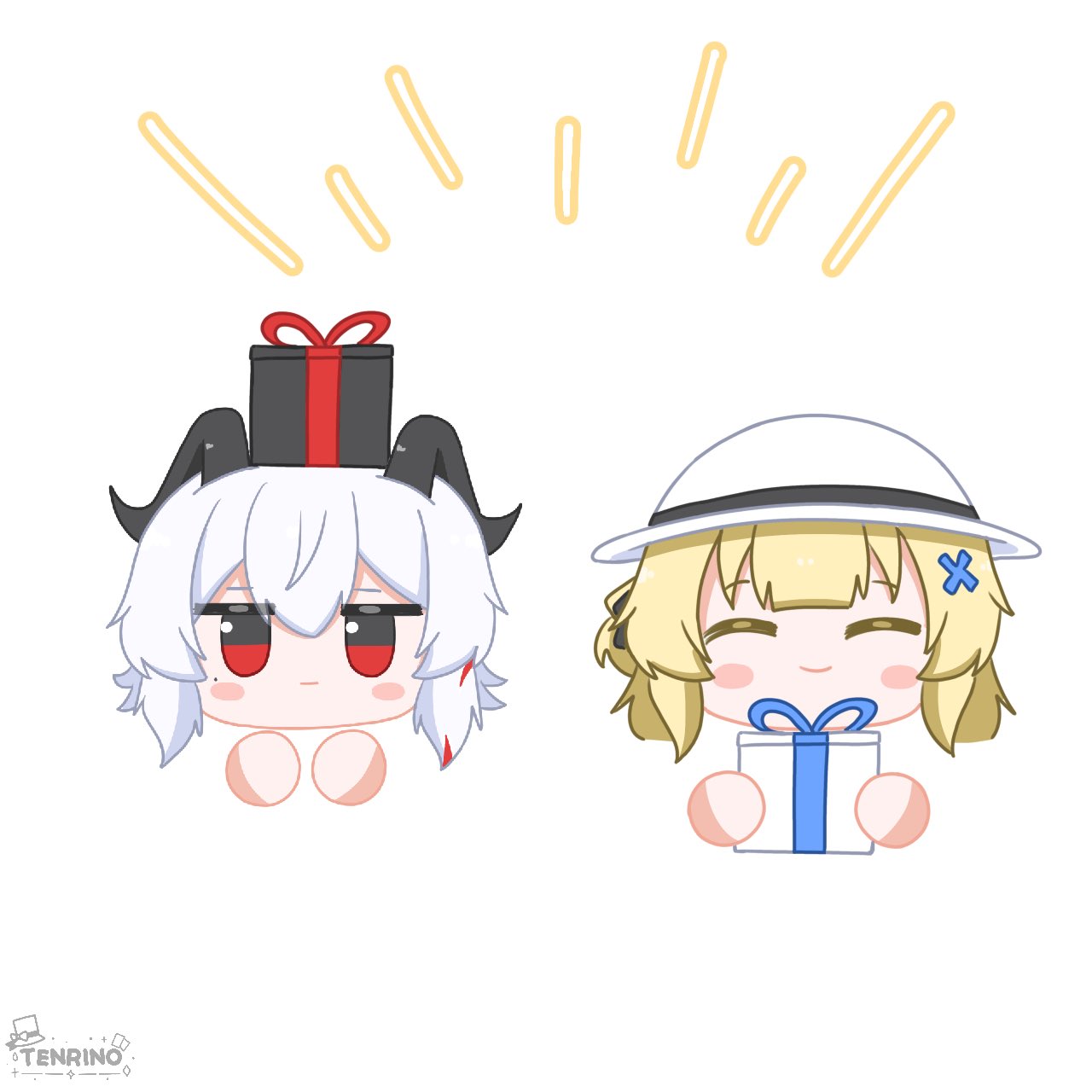 tenrino, phoebe (wuthering waves), zani (wuthering waves), wuthering waves, commentary, english commentary, highres, artist logo, ball hands, black eyes, black horns, blonde hair, box, closed eyes, closed mouth, curled horns, gift, gift art, gift box, hair ornament, hat, holding, holding gift, horns, logo, looking at viewer, medium hair, mole, mole under eye, multicolored eyes, multicolored hair, no humans, red eyes, remnant cube (wuthering waves), smile, straight-on, streaked hair, two-tone eyes, white hair, white hat, x hair ornament