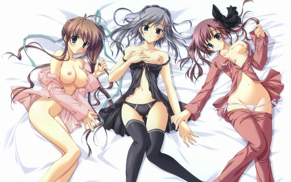 3girls, black hair, black panties, breasts, brown hair, multiple girls, nipples, open clothes, open shirt, panties, shirt, underwear, white panties