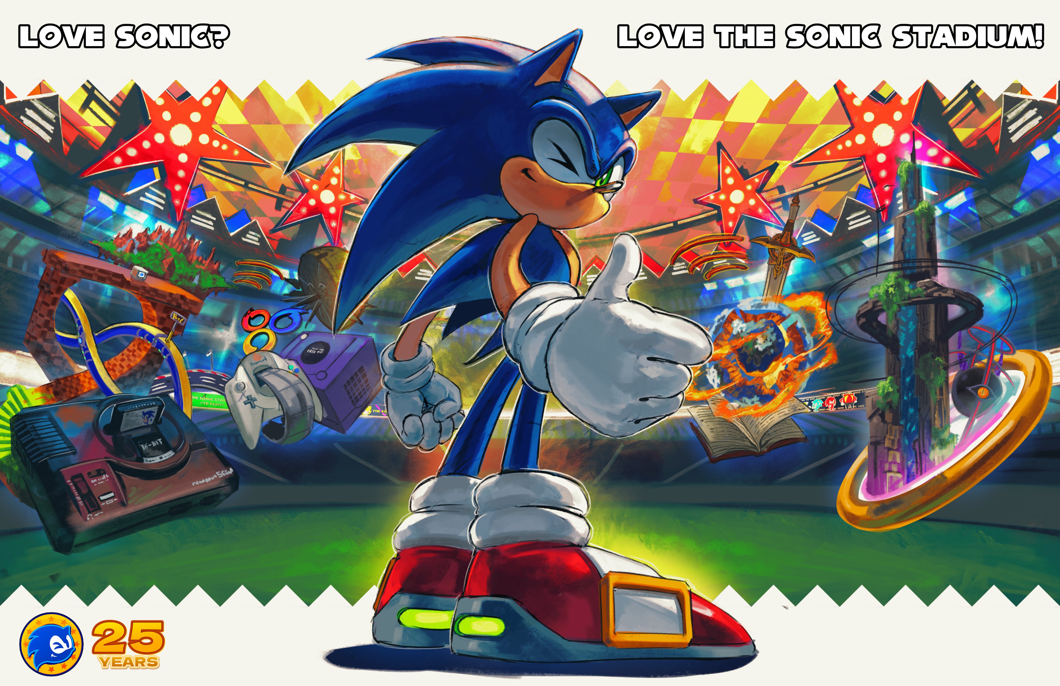 kornart, sonic the hedgehog, sonic (series), sonic heroes, absurdres, highres, second-party source, 1boy, anniversary, book, from behind, full body, game console, gamecube, gloves, green eyes, looking at viewer, looking back, male focus, one eye closed, red shoes, sega dreamcast, sega saturn, shoes, smile, sneakers, solo, sword, thumbs up, weapon, white gloves