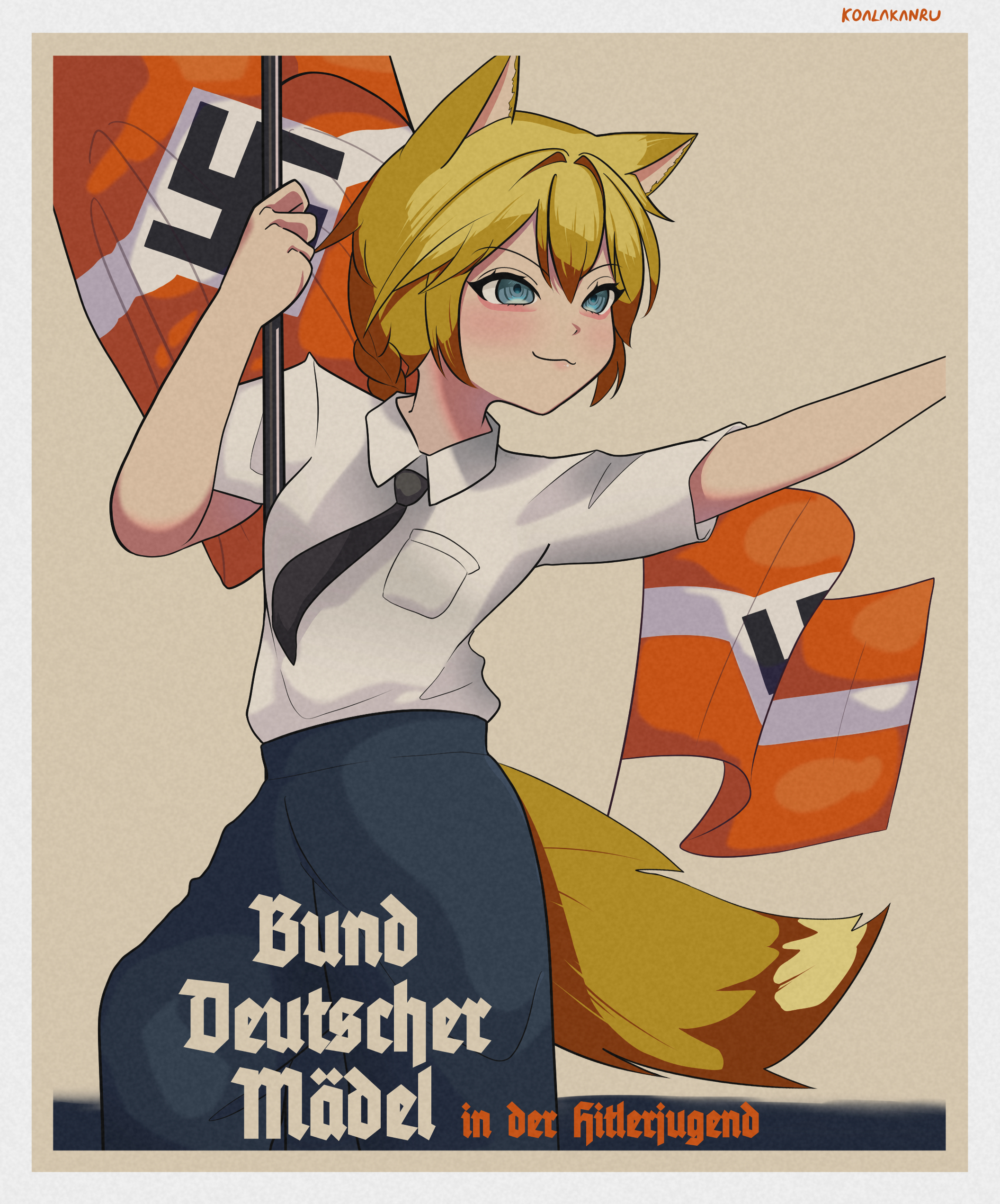 koalakanru, original, absurdres, highres, 1girl, animal ear fluff, animal ears, black necktie, blonde hair, blue dress, blue eyes, braid, dress, flag, fox ears, fox girl, fox tail, german text, hair between eyes, hitlerjugend, holding, holding flag, nazi, necktie, poster (object), propaganda, salute, shirt, short hair, single braid, smile, solo, straight-arm salute, swastika, tail, white shirt