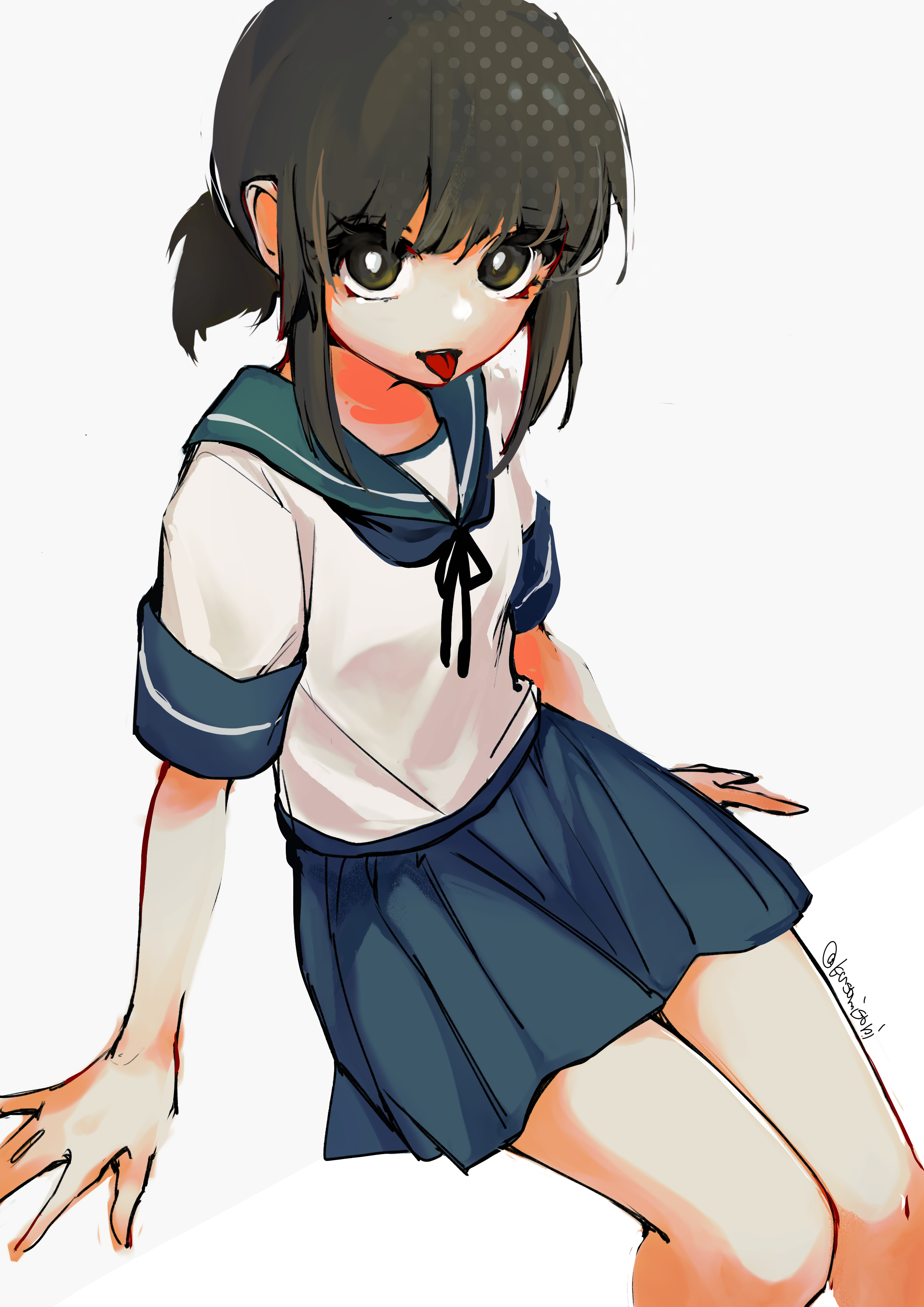 kusomisoni, fubuki (kancolle), kantai collection, absurdres, commentary, highres, 1girl, black hair, blue neckerchief, blue sailor collar, blue skirt, green eyes, grey background, looking at viewer, low ponytail, neckerchief, pleated skirt, ponytail, sailor collar, school uniform, serafuku, short sleeves, sidelocks, simple background, skirt, solo, tongue, tongue out, twitter username