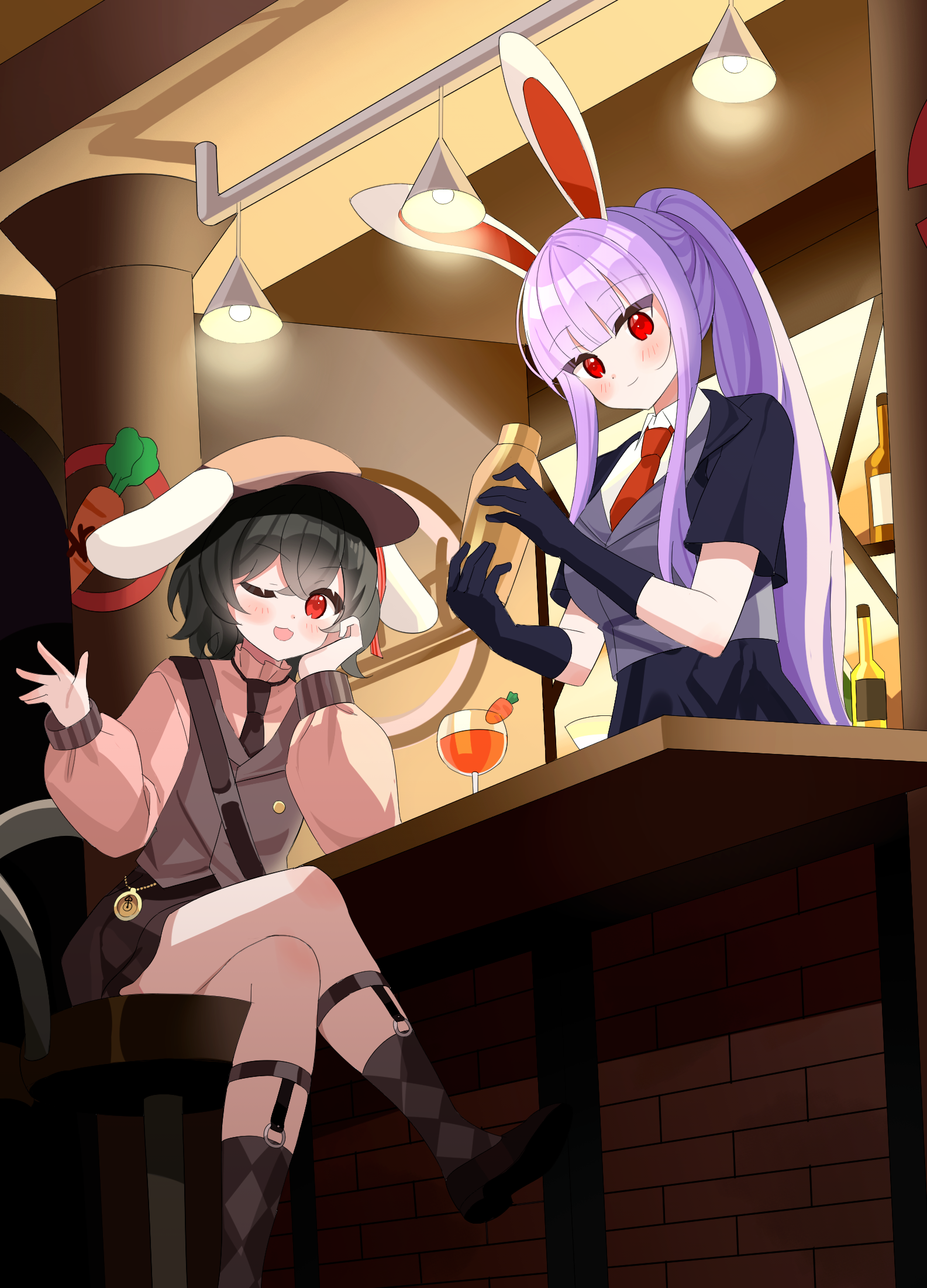 chimi (s2yuyukos2), inaba tewi, reisen udongein inaba, touhou, touhou hero of ice fairy, commentary, commission, highres, 2girls, alternate costume, alternate hairstyle, animal ears, bartender, black gloves, blush, bottle, breasts, brown hat, brown necktie, brown socks, brown vest, carrot juice, closed mouth, cocktail shaker, collared shirt, crossed legs, cup, drinking glass, floppy ears, gloves, hand on own cheek, hand on own face, hat, holding cocktail shaker, juice, long hair, long sleeves, looking at viewer, multiple girls, necktie, one eye closed, open mouth, pink shirt, ponytail, purple hair, rabbit ears, rabbit girl, red eyes, red necktie, shirt, short sleeves, sitting, smile, socks, very long hair, vest, white shirt