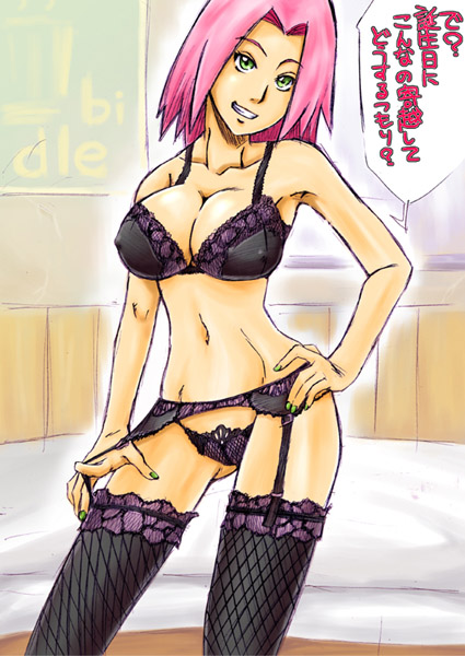 sahara wataru, haruno sakura, naruto (classic), naruto (series), naruto shippuuden, alternate breast size, translation request, 1girl, bed, bra, breasts, cleavage, covered erect nipples, feet out of frame, female focus, garter belt, green eyes, large breasts, lingerie, looking at viewer, medium hair, nail polish, naughty face, panties, pink hair, smile, solo, teasing, thighhighs, underwear