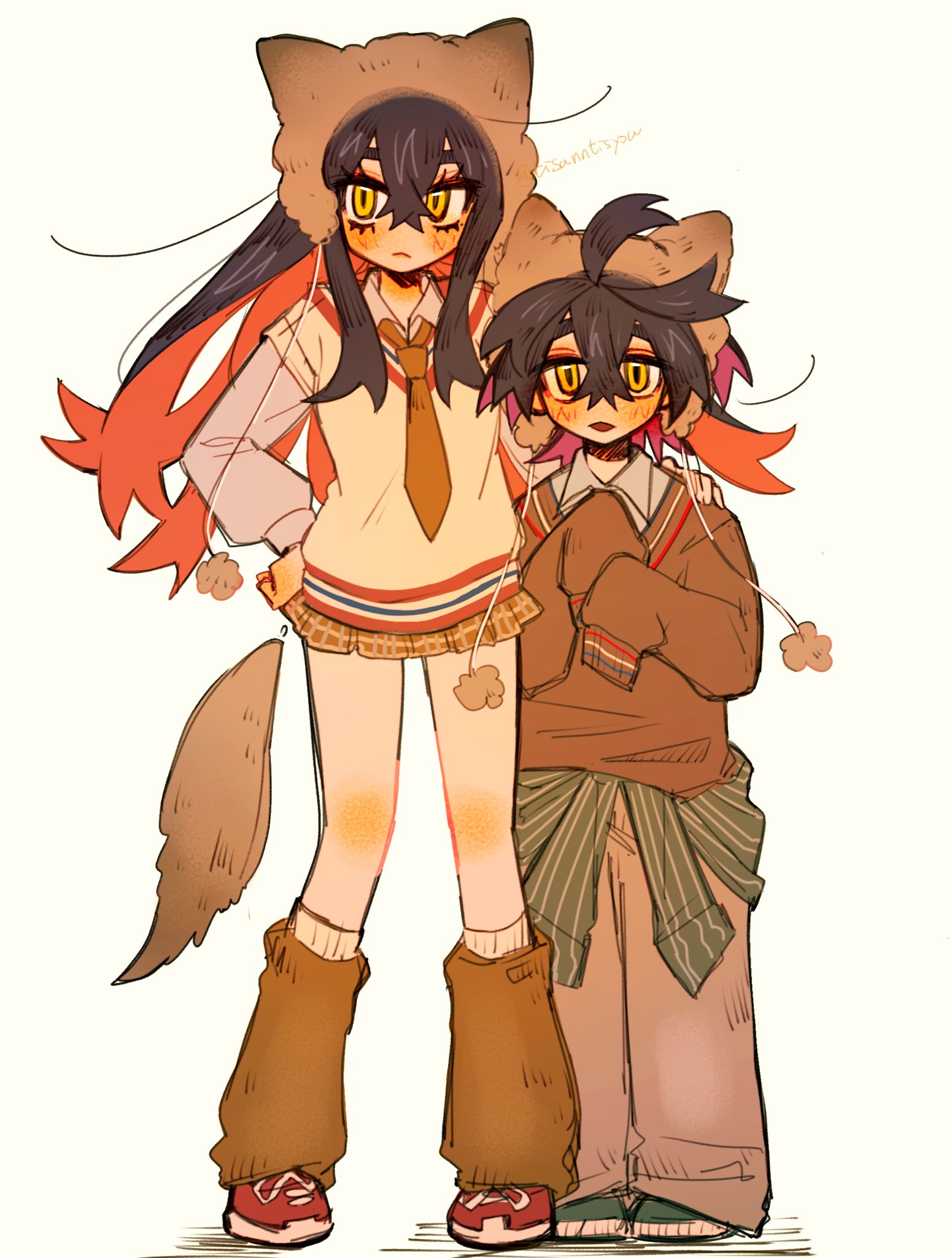 tisanntisyou, carmine (pokemon), kieran (pokemon), nintendo, pokemon, pokemon sv, commentary request, highres, 1boy, 1girl, alternate costume, animal hat, black hair, blush, brother and sister, closed mouth, clothes around waist, collared shirt, crossed bangs, eyelashes, full body, hair between eyes, hand on another's shoulder, hand on own hip, hat, leg warmers, long hair, long sleeves, miniskirt, multicolored hair, necktie, open mouth, pants, purple hair, red hair, red shoes, shirt, shoes, siblings, simple background, skirt, sleeves past fingers, sleeves past wrists, socks, standing, twitter username, white socks, yellow eyes