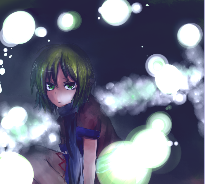 minetani, mizuhashi parsee, touhou, bad id, bad pixiv id, 1girl, black background, blonde hair, expressionless, female focus, glowing, green eyes, green hair, looking at viewer, matching hair/eyes, short hair, short sleeves, simple background, solo, upper body