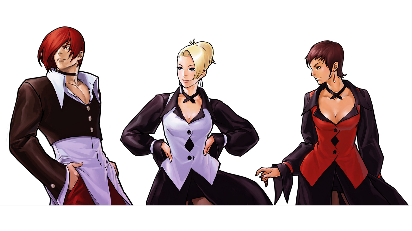 mature (kof), vice (kof), yagami iori, the king of fighters, 2girls, blonde hair, blue eyes, breasts, brown eyes, brown hair, cleavage, dark-skinned female, dark skin, dress, earrings, female focus, formal clothes, hair bun, hands on own hips, huge breasts, jewelry, large breasts, long hair, multiple girls, pale skin, red eyes, red hair, short hair, skirt, smile, suit, tan, thick thighs, thighs, wide hips