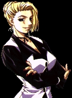 mature (kof), the king of fighters, 1girl, blonde hair, blue eyes, breasts, curvy, dress, earrings, female focus, formal clothes, hair bun, hand up, huge breasts, jewelry, large breasts, long hair, looking at viewer, pale skin, smile, smiley face, suit, wide hips