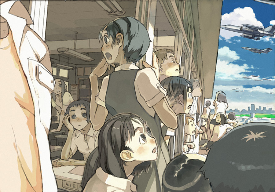 yahagi yuhichi, original, 6+boys, 6+girls, aircraft, airplane, black hair, classroom, crowd, day, multiple boys, multiple girls, school, sky, surprised, window