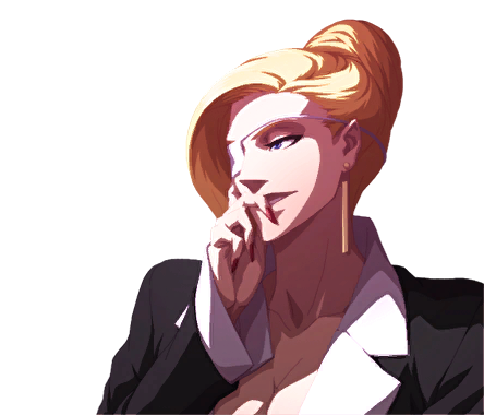mature (kof), the king of fighters, 1girl, blonde hair, blue eyes, breasts, cleavage, curvy, eyepatch, female focus, formal clothes, hair bun, hand up, huge breasts, large breasts, long hair, pale skin, smile, smiley face, suit