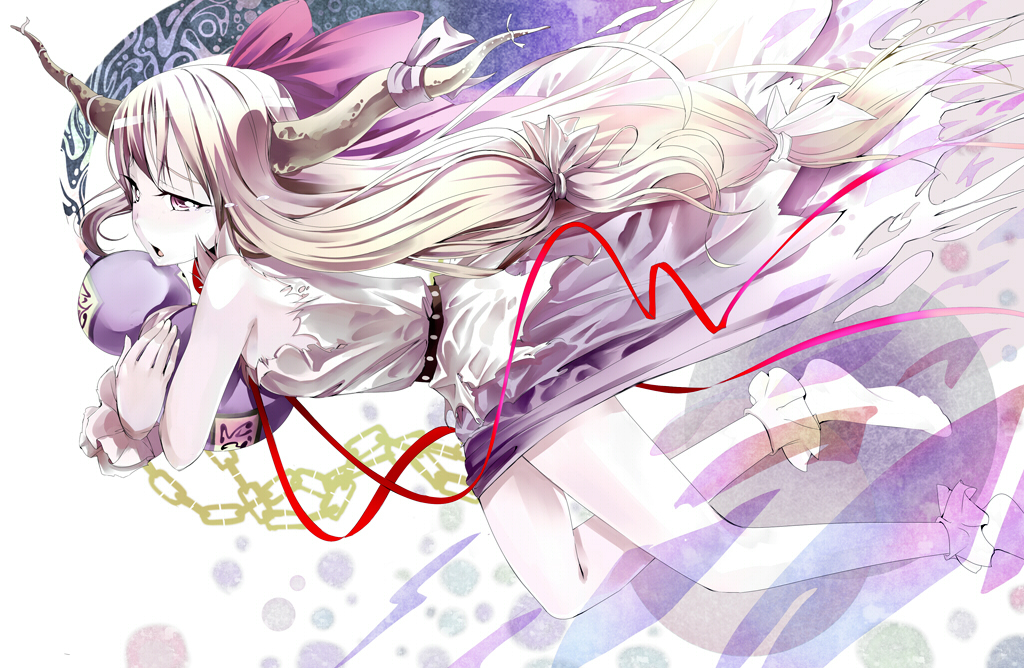 nibante, ibuki suika, touhou, bad id, bad pixiv id, 1girl, bare shoulders, belt, blonde hair, blue skirt, bottle, buckle, female focus, from side, half-closed eyes, horns, long hair, oni, profile, skirt, solo, very long hair