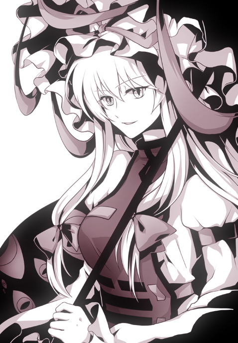 mochi (shipir), mochitan, yakumo yukari, touhou, bad id, bad pixiv id, 1girl, female focus, gap (touhou), hair ribbon, hat, monochrome, parasol, purple theme, ribbon, slit pupils, solo, tabard, trigram, umbrella