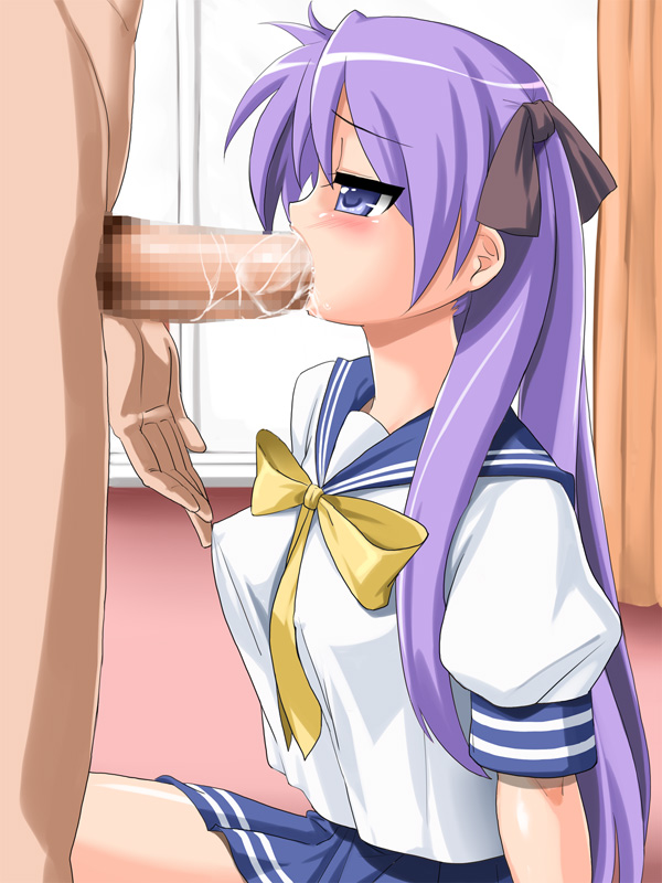 nyamota, hiiragi kagami, lucky star, 00s, 1boy, 1girl, blush, censored, covered erect nipples, fellatio, hetero, oral, penis, purple eyes, purple hair, ribbon, school uniform, serafuku, twintails