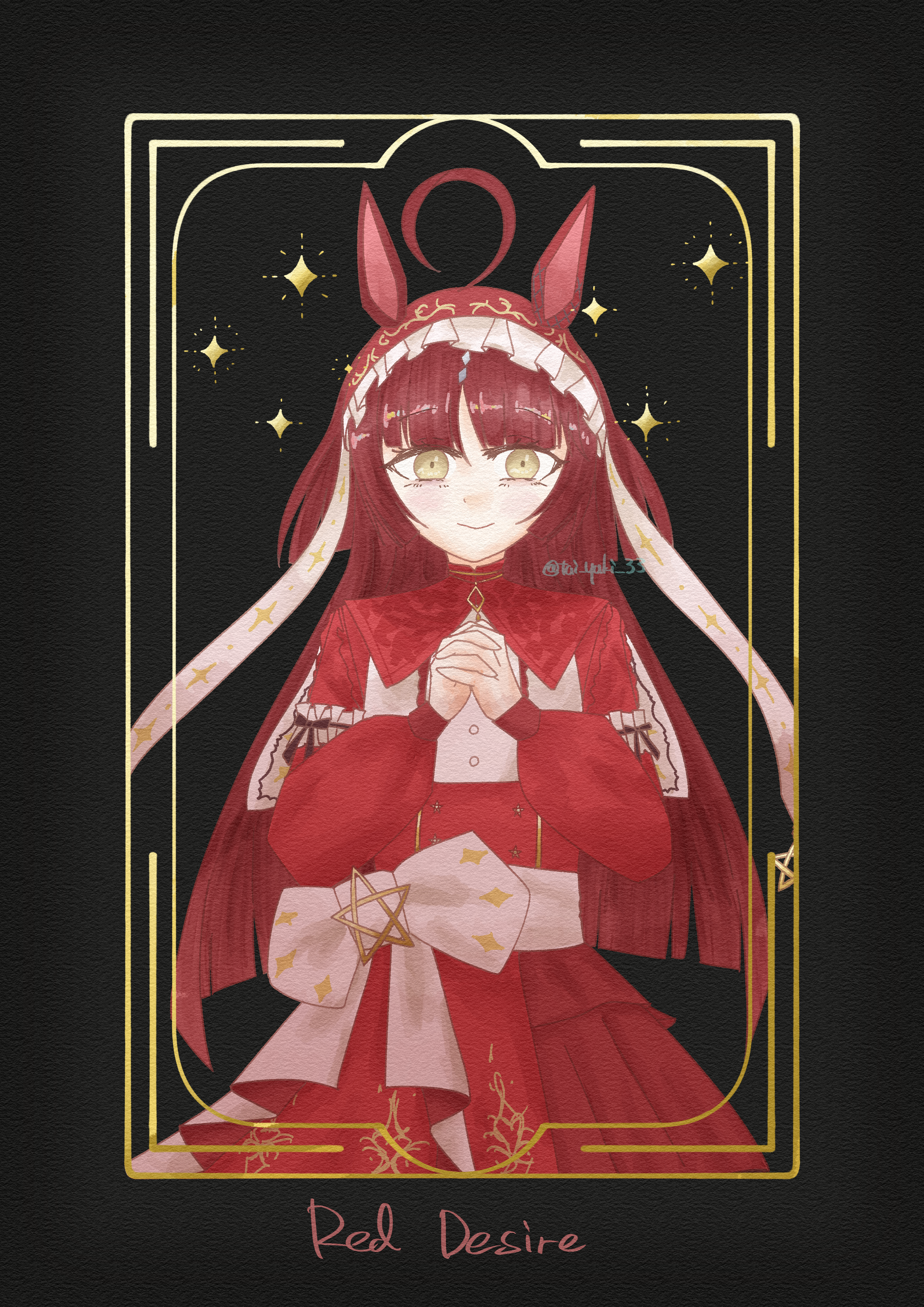 red desire (umamusume), umamusume, absurdres, highres, 1girl, ahoge, animal ears, blunt bangs, blunt ends, bow, character name, closed mouth, dress, frilled hairband, frills, hairband, hands up, horse ears, horse girl, long hair, long sleeves, own hands clasped, own hands together, red dress, red hair, red hairband, smile, solo, tai yaki 33, twitter username, very long hair, white bow, yellow eyes