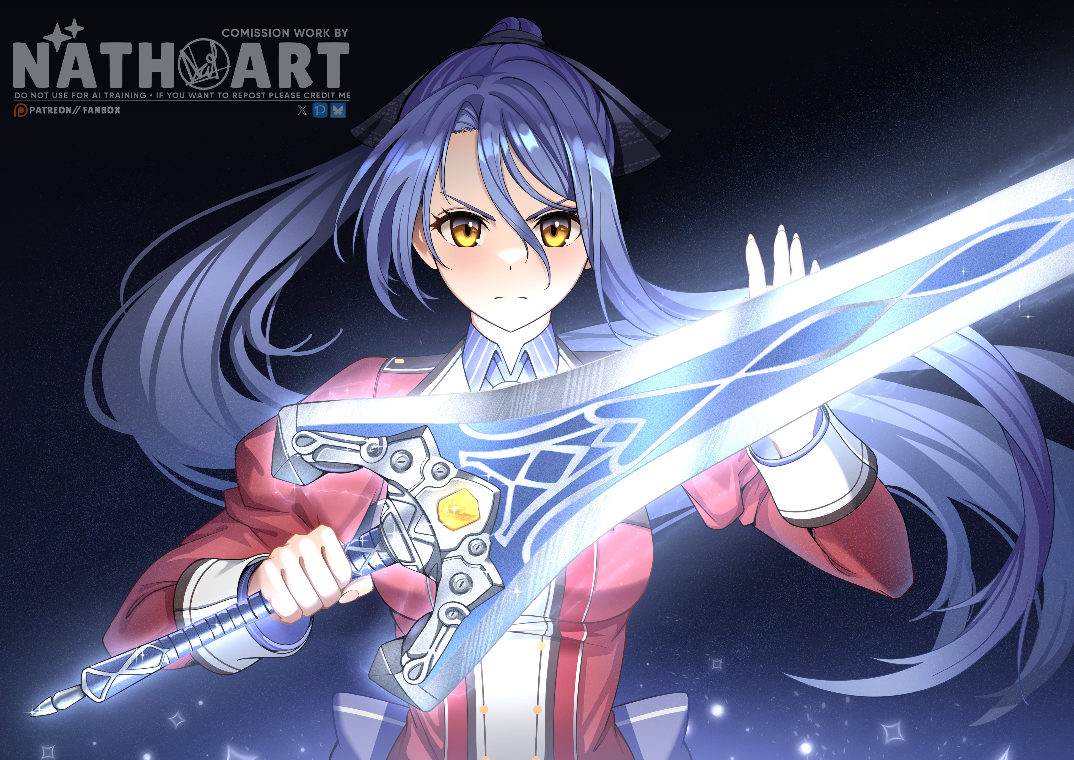nathoart, laura s. arseid, eiyuu densetsu, sen no kiseki (series), sen no kiseki i, absurdres, commentary, commission, english commentary, highres, vgen commission, 1girl, artist name, back bow, bow, curtained hair, english text, floating hair, folded collar, greatsword, hair between eyes, holding, holding sword, holding weapon, huge weapon, jacket, long hair, long sleeves, looking at viewer, parted bangs, ponytail, school uniform, solo, sword, upper body, very long hair, watermark, weapon, yellow eyes