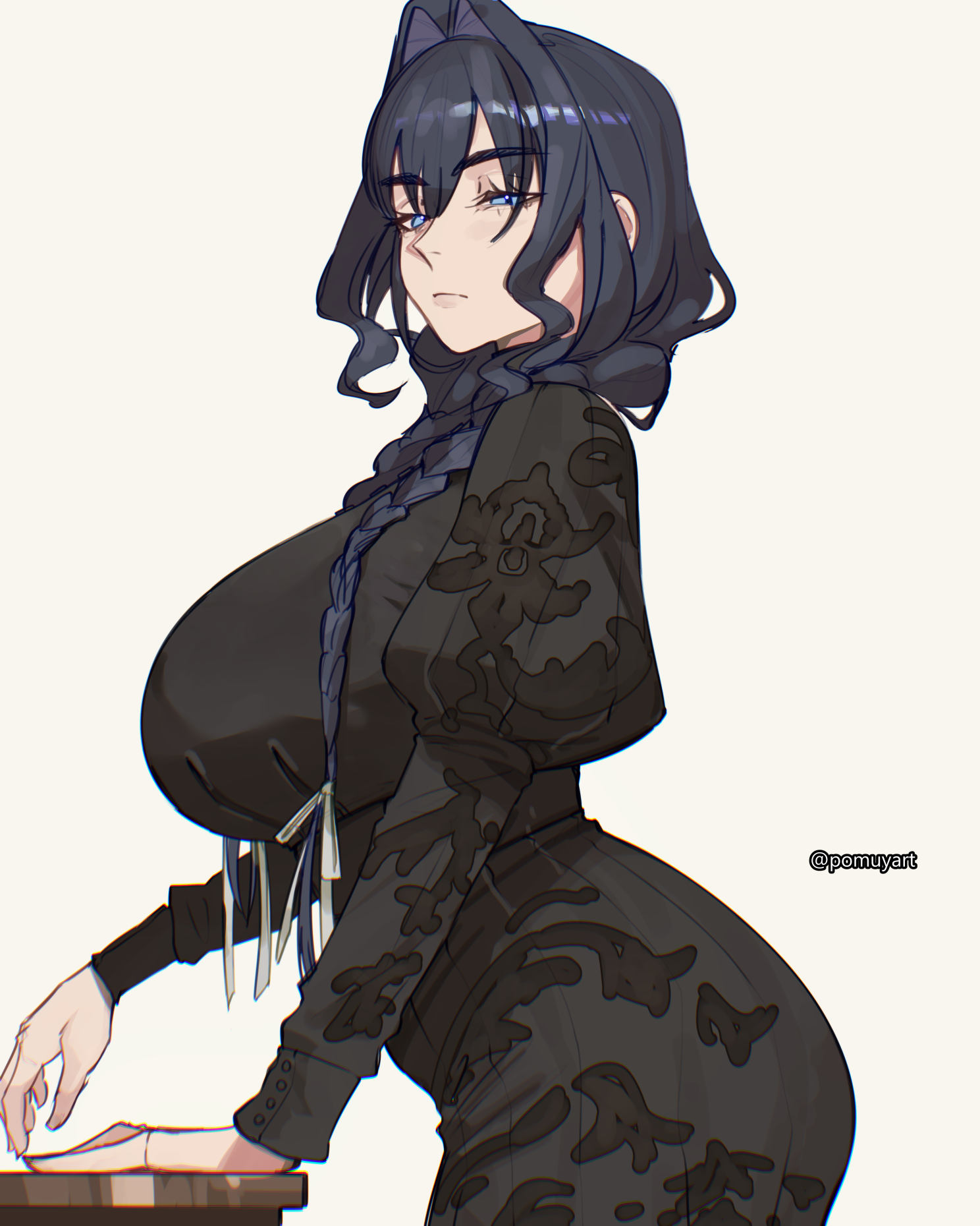 pomuya, ouro kronii, ouro kronii (maid), hololive, hololive english, commentary, english commentary, highres, 1girl, black dress, blue eyes, blue hair, braid, breasts, dress, embroidered dress, embroidery, expressionless, fanged bangs, from side, hair intakes, hair over shoulder, huge breasts, juliet sleeves, long dress, long hair, long sleeves, looking at viewer, low twin braids, official alternate costume, official alternate hairstyle, puffy sleeves, simple background, solo, twin braids, virtual youtuber, white background