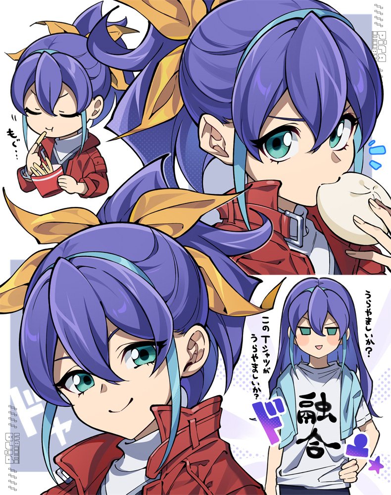 pira 811, serena (yu-gi-oh!), yu-gi-oh!, yu-gi-oh! arc-v, 1girl, alternate hairstyle, blue eyes, blue hair, eating, food, french fries, high ponytail, holding, holding food, jacket, long hair, multiple views, open clothes, open jacket, ponytail, red jacket, shirt, steamed bun, upper body, white shirt