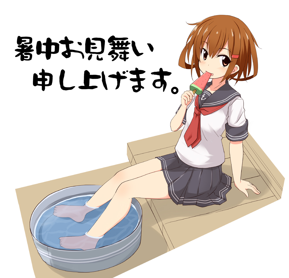 kugui kiyunemu, ikazuchi (kancolle), kantai collection, commentary request, translation request, 1girl, anchor print, barefoot, black sailor collar, black skirt, blush, brown eyes, brown hair, bucket, collarbone, eating, fang, feet, food, from above, from side, full body, hair between eyes, hair ornament, hairpin, holding, holding food, holding popsicle, long sleeves, looking at viewer, medium hair, miniskirt, neckerchief, open mouth, pleated skirt, popsicle, red neckerchief, sailor collar, shirt, sidelocks, simple background, sitting, skin fang, skirt, soaking feet, solo, water, watermelon bar, white background, white shirt