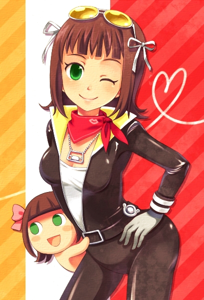 shio (orange lounge), amami haruka, nonowa, idolmaster, idolmaster (classic), 00s, ascot, brown hair, chibi, green eyes, hair ribbon, one eye closed, ribbon, short hair, sunglasses, wink