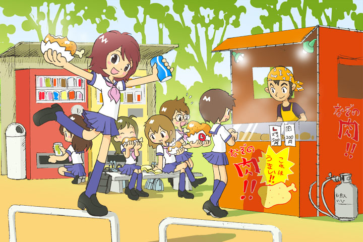 kabiinyo (kab), original, 1boy, 6+girls, age difference, food, kneehighs, looking at viewer, meat, multiple girls, outdoors, school uniform, serafuku, short hair, smile, socks