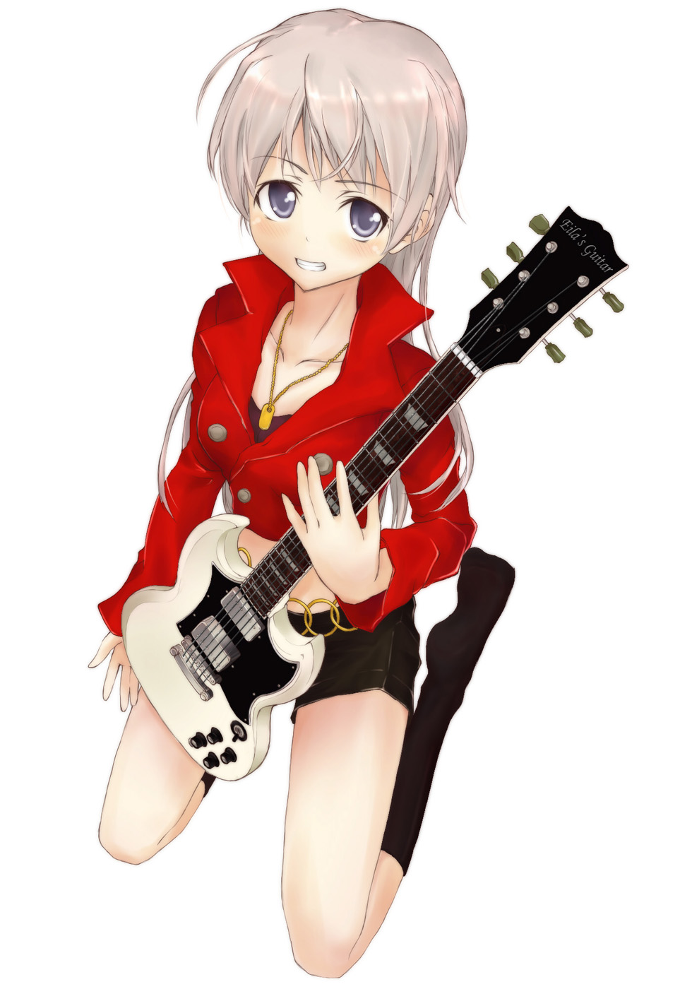 eila ilmatar juutilainen, nagato yuki, gibson sg, hanyu, strike witches, suzumiya haruhi no yuuutsu, world witches series, silver hair, highres, 1girl, blue eyes, collarbone, cosplay, dog tags, electric guitar, english text, female focus, full body, grin, guitar, instrument, jacket, kneehighs, long hair, midriff, popped collar, shorts, simple background, smile, socks, solo