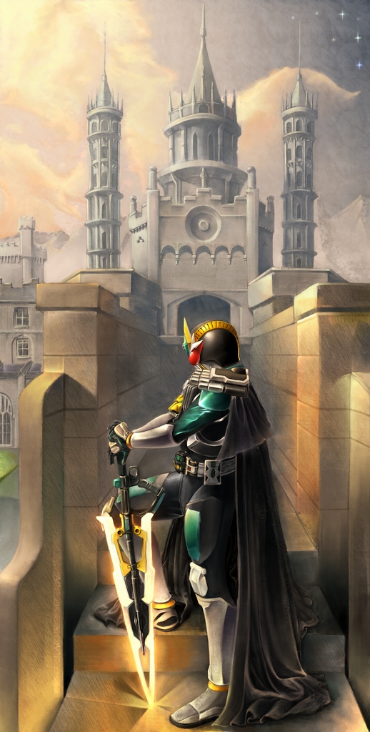 kamen rider zeronos, kamen rider, kamen rider den-o (series), 1boy, cape, castle, epic, male focus, solo, sword, weapon
