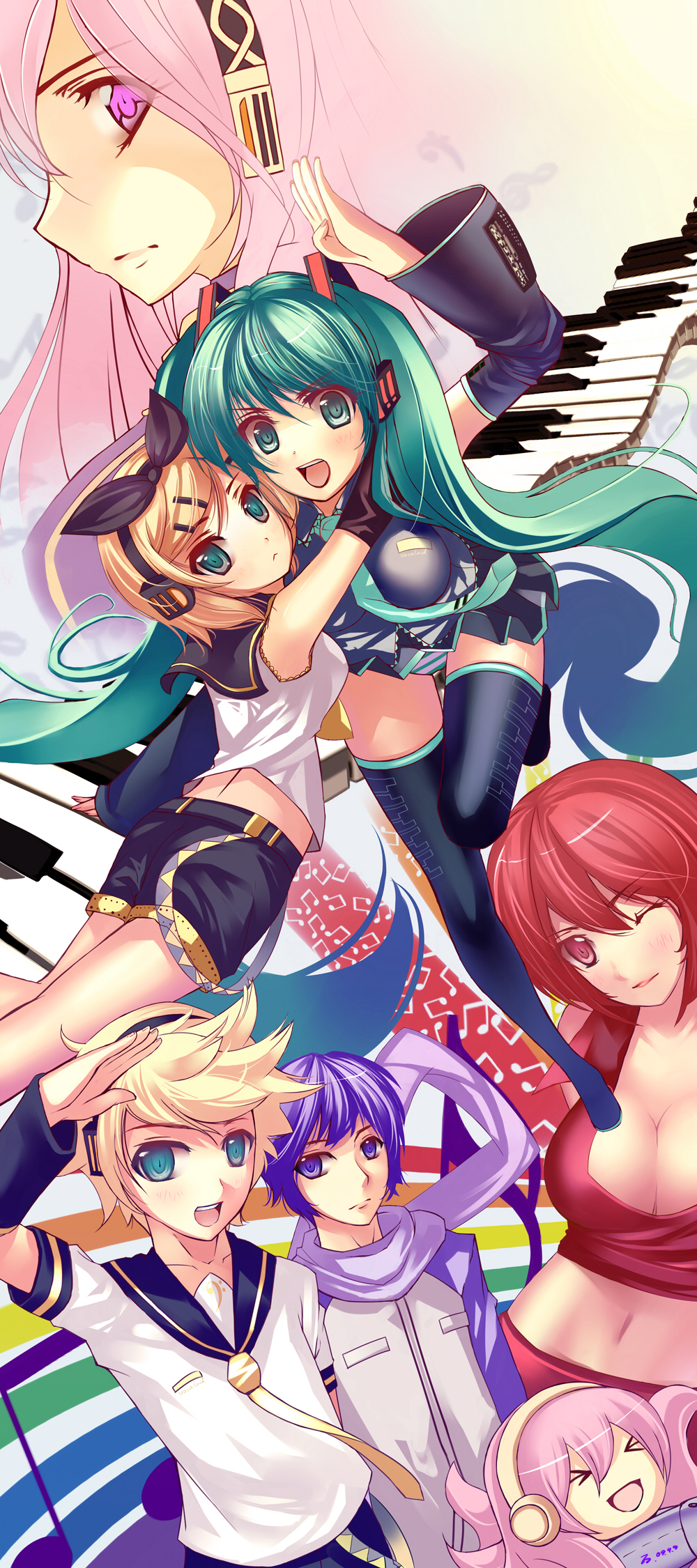 miyazakisoul, hatsune miku, kagamine len, kagamine rin, kaito (vocaloid), megurine luka, meiko (vocaloid), takoluka, vocaloid, bad id, bad pixiv id, highres, > <, 2boys, 4girls, :<, blonde hair, blue eyes, breasts, cleavage, closed eyes, detached sleeves, green eyes, green hair, large breasts, long hair, medium breasts, midriff, multiple boys, multiple girls, navel, open mouth, panties, pantyshot, pink eyes, pink hair, purple eyes, purple hair, red eyes, red hair, short hair, siblings, striped clothes, striped panties, thighhighs, twins, underwear, upskirt