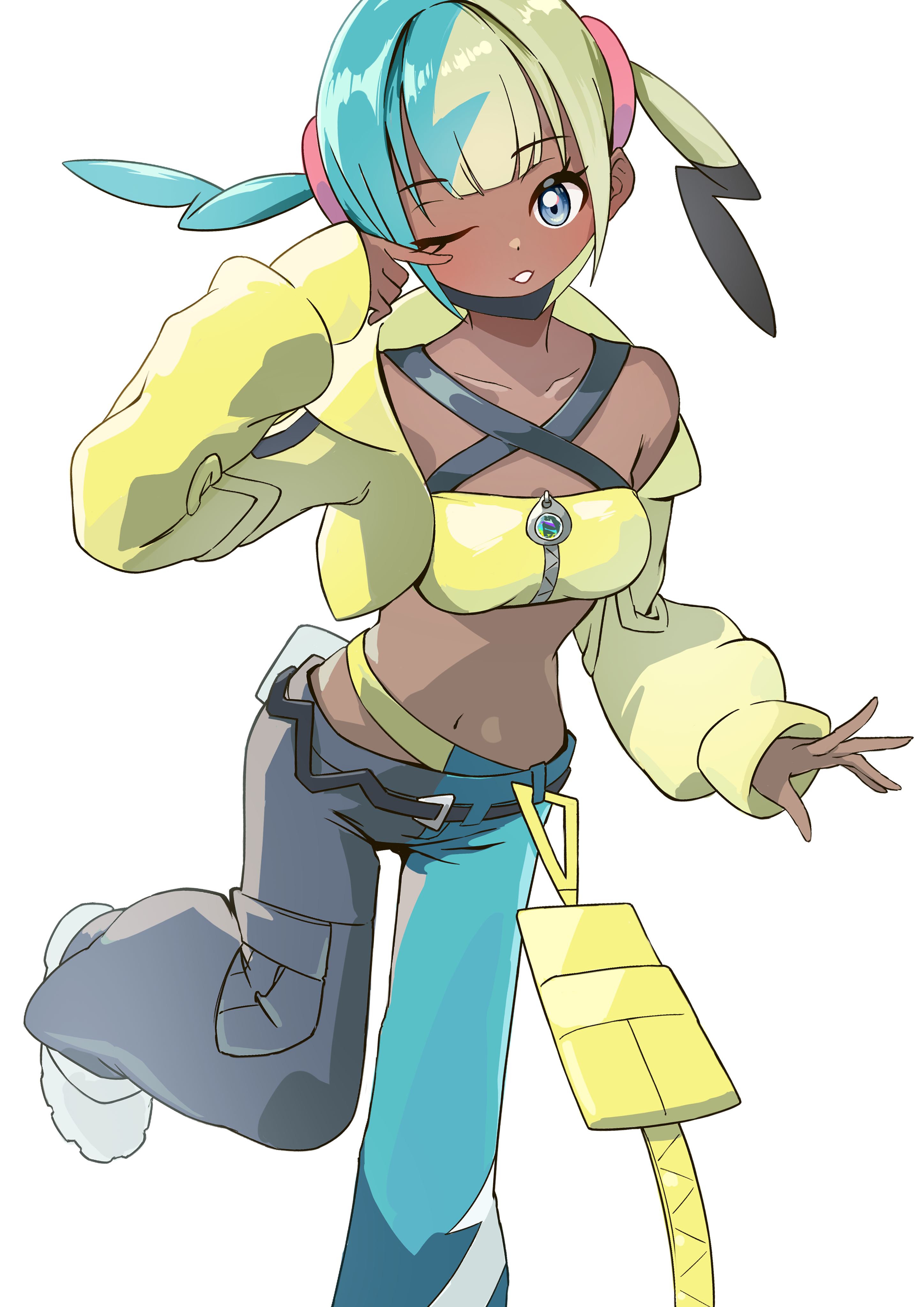 mikan (mikan no happa), canari (pokemon), nintendo, pokemon, pokemon legends: z-a, absurdres, commentary request, highres, 1girl, aqua hair, bandeau, black hair, black pants, blonde hair, blue eyes, blue pants, breasts, collarbone, dark-skinned female, dark skin, dated commentary, jacket, long sleeves, looking at viewer, medium breasts, midriff, multicolored hair, navel, one eye closed, pants, simple background, solo, standing, standing on one leg, twintails, two-tone pants, white background, yellow bandeau, yellow jacket