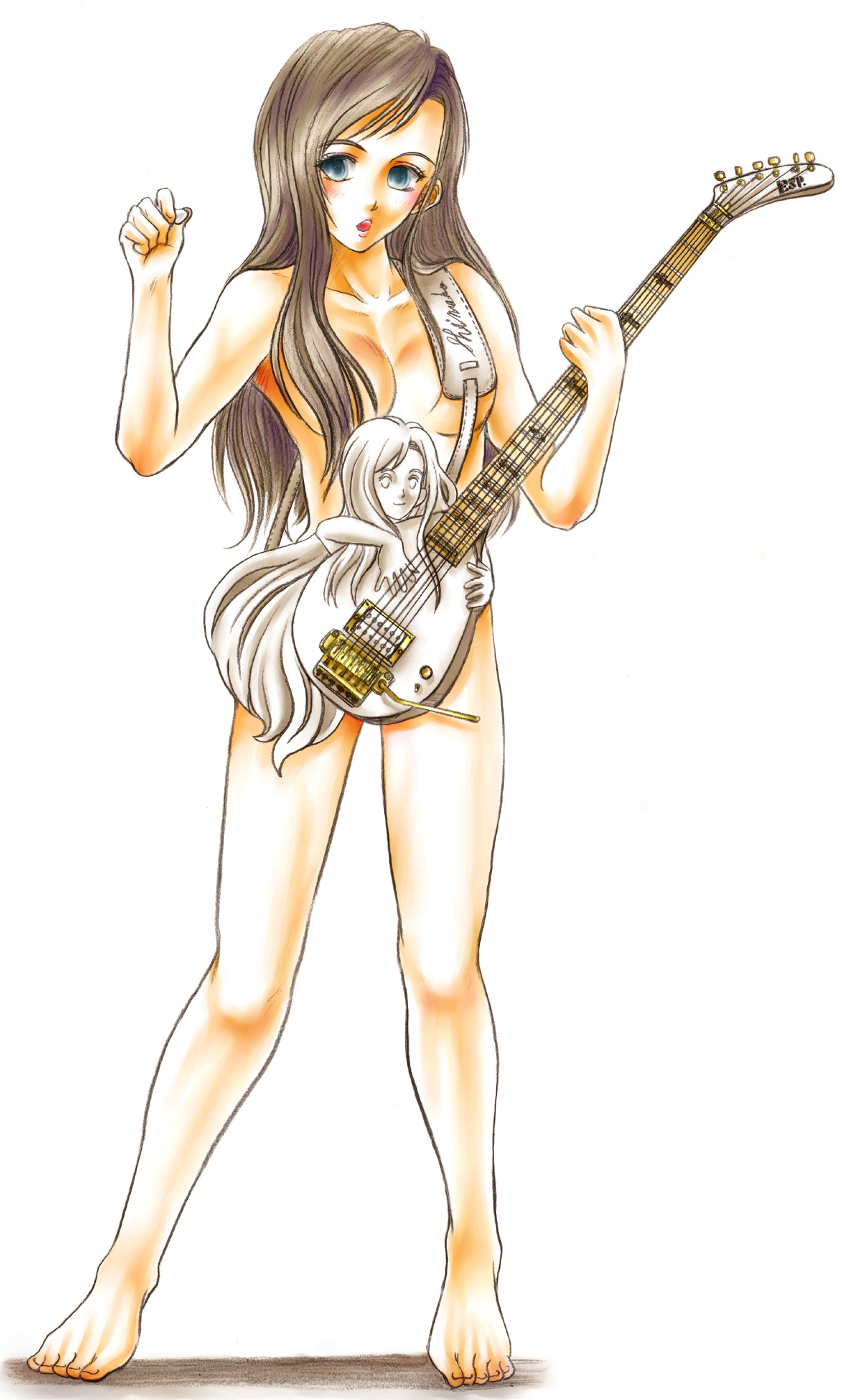 fukushima nyuugyou inc, srungle, toudou shimako, maria-sama ga miteru, bad id, bad pixiv id, highres, 00s, 1girl, bad anatomy, bad feet, barefoot, blush, brown hair, censored, convenient censoring, esp guitars, feet, female focus, guitar, hair censor, hair over breasts, instrument, long hair, nude, poorly drawn, solo