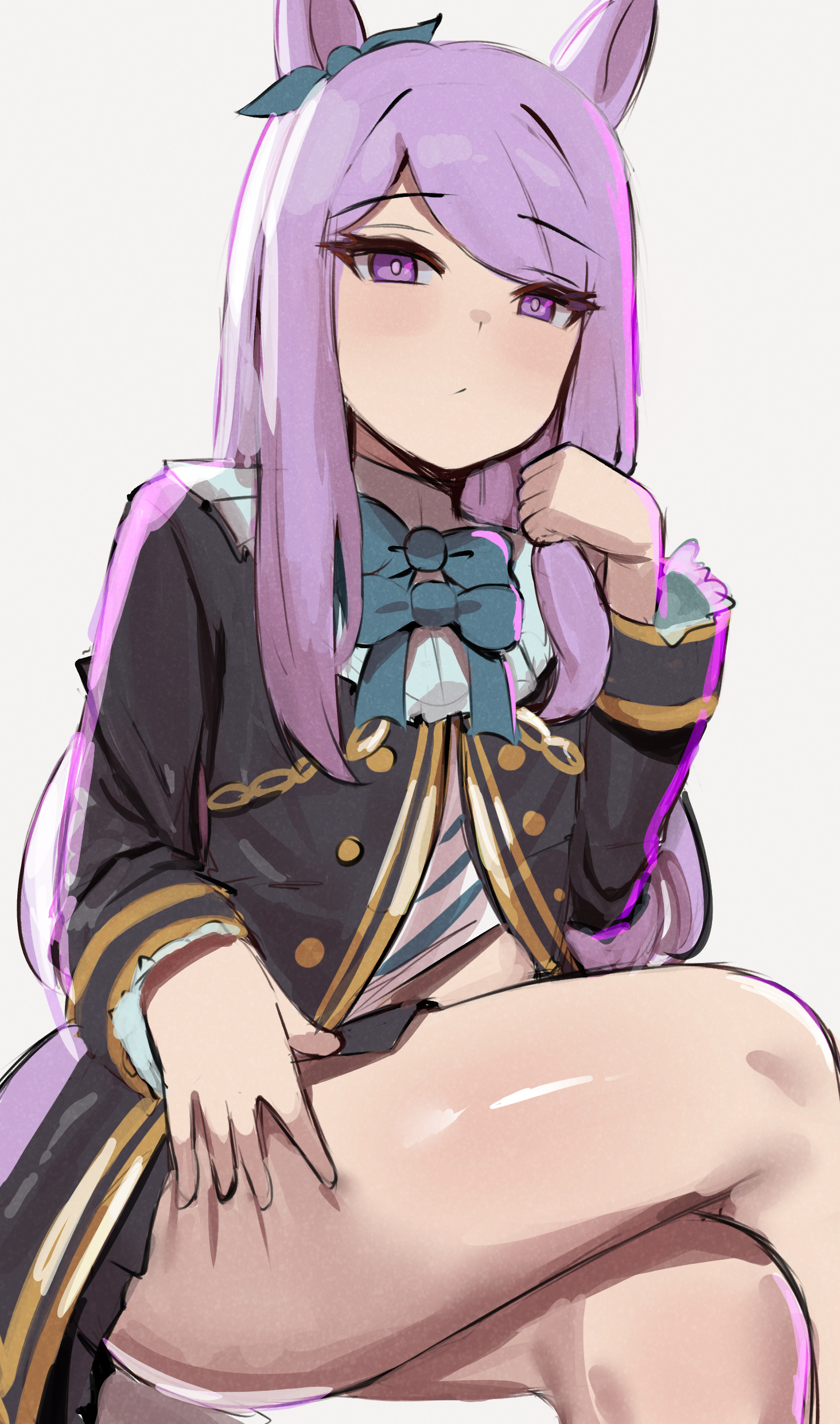 iog626, mejiro mcqueen (umamusume), absurdres, highres, 1girl, :/, animal ears, black coat, bow, bowtie, closed mouth, coat, deep skin, dot mouth, ear bow, grabbing own thigh, green bow, hand up, horse ears, horse girl, horse tail, long hair, long sleeves, purple bow, purple bowtie, purple eyes, purple hair, shirt, solo, swept bangs, tail, thighs, white shirt