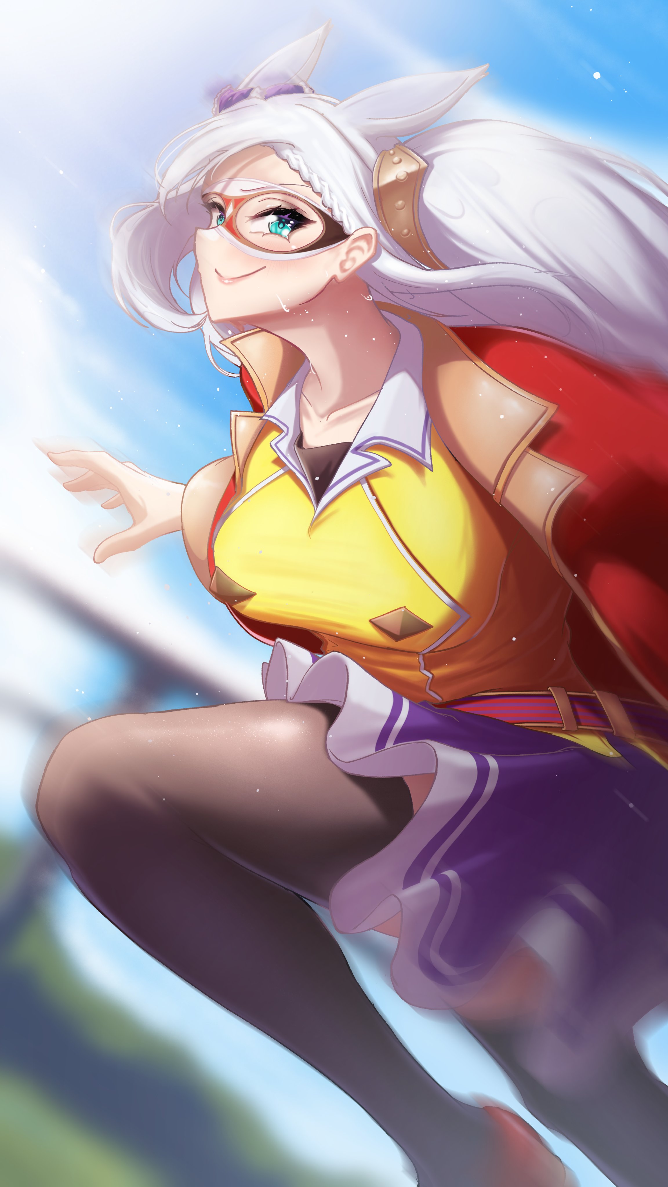clero (viprimo), pavolia reine, hololive, hololive indonesia, absurdres, highres, 1girl, animal ears, blue eyes, braid, breasts, closed mouth, collarbone, hair ornament, horse ears, horse girl, horse mask, long hair, mask, motion blur, purple skirt, red shoes, shirt, shoes, skirt, smile, solo, sweat, thighhighs, virtual youtuber, white hair, yellow shirt