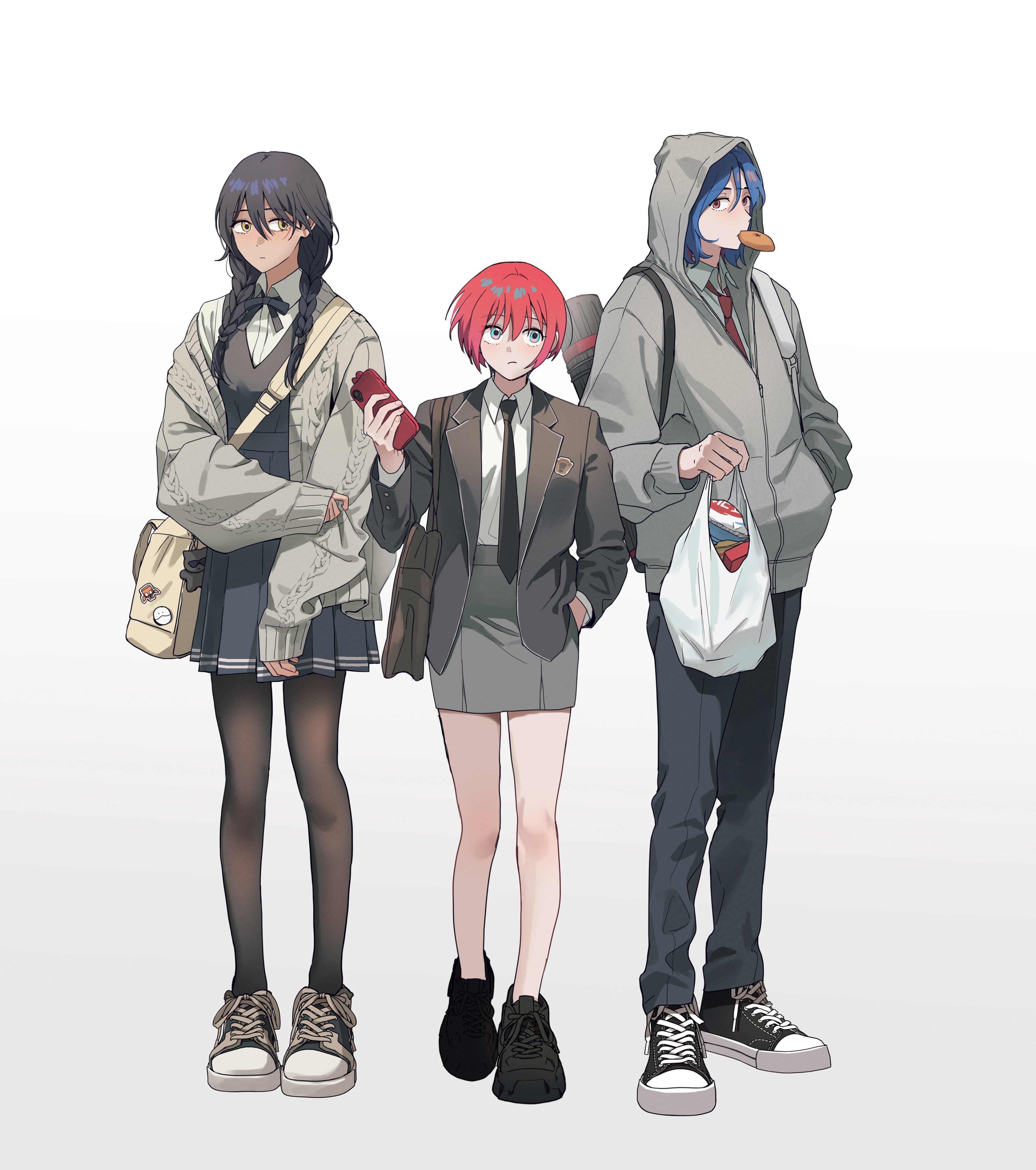 otakulifewow, amate yuzuriha, conch (gundam), haro, nyaan (gundam gquuuuuux), shuji ito, gundam, gundam gquuuuuux, absurdres, highres, 1boy, 2girls, alternate costume, alternate hairstyle, aqua eyes, bag, black bow, black bowtie, black hair, black jacket, black necktie, black pants, black pantyhose, black shoes, black vest, blazer, blue hair, bow, bowtie, braid, cardigan, character pin, collared shirt, dark-skinned female, dark skin, eating, grey cardigan, grey hoodie, grocery bag, hand in pocket, holding, holding bag, holding own arm, holding phone, hood, hood up, hoodie, jacket, knit cardigan, long sleeves, mouth hold, multicolored eyes, multicolored hair, multiple girls, necktie, pants, pantyhose, pencil skirt, phone, pleated skirt, red eyes, red hair, red necktie, school uniform, shirt, shoes, shopping bag, short hair, shoulder bag, skirt, smartphone case, sneakers, twin braids, two-tone eyes, two-tone hair, vest, white shirt, yellow eyes