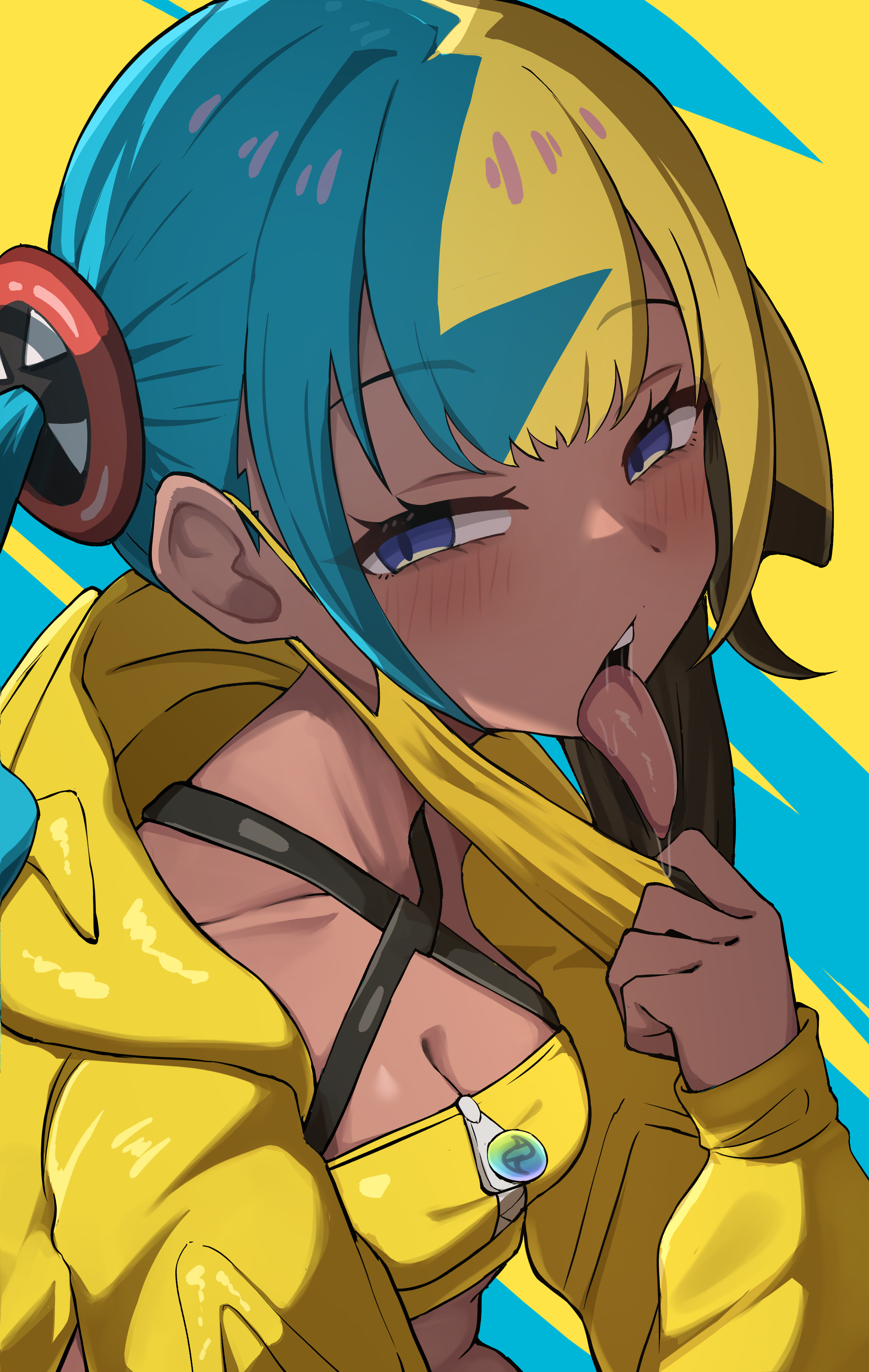 hashira 14, canari (pokemon), nintendo, pokemon, pokemon legends: z-a, absurdres, commentary request, highres, 1girl, bandeau, black hair, blonde hair, blue background, blue eyes, blue hair, blush, breasts, cleavage, dark-skinned female, dark skin, jacket, looking at viewer, mask, medium breasts, multicolored hair, saliva, simple background, solo, teeth, tongue, tongue out, twintails, two-tone background, upper teeth only, yellow background, yellow bandeau, yellow jacket