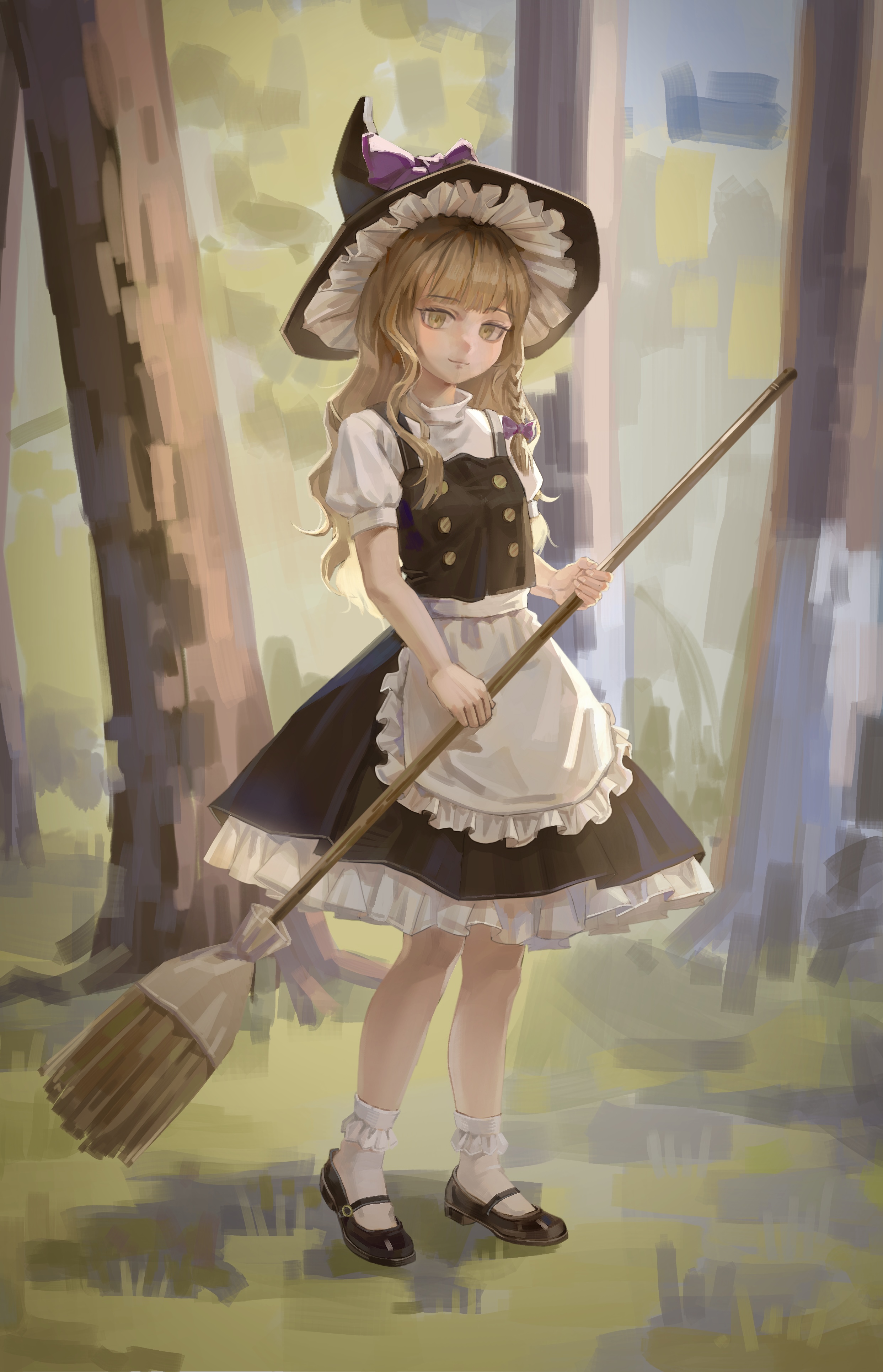 kirisame marisa, touhou, absurdres, highres, 1girl, apron, bing guo, blonde hair, bow, braid, broom, broom riding, dress, frilled hair tubes, frills, hair bow, hair tubes, hat, hat bow, holding, holding broom, long hair, on ground, ribbon, short sleeves, side braid, single braid, skirt, solo, tree, waist apron, white bow, witch hat, yellow eyes
