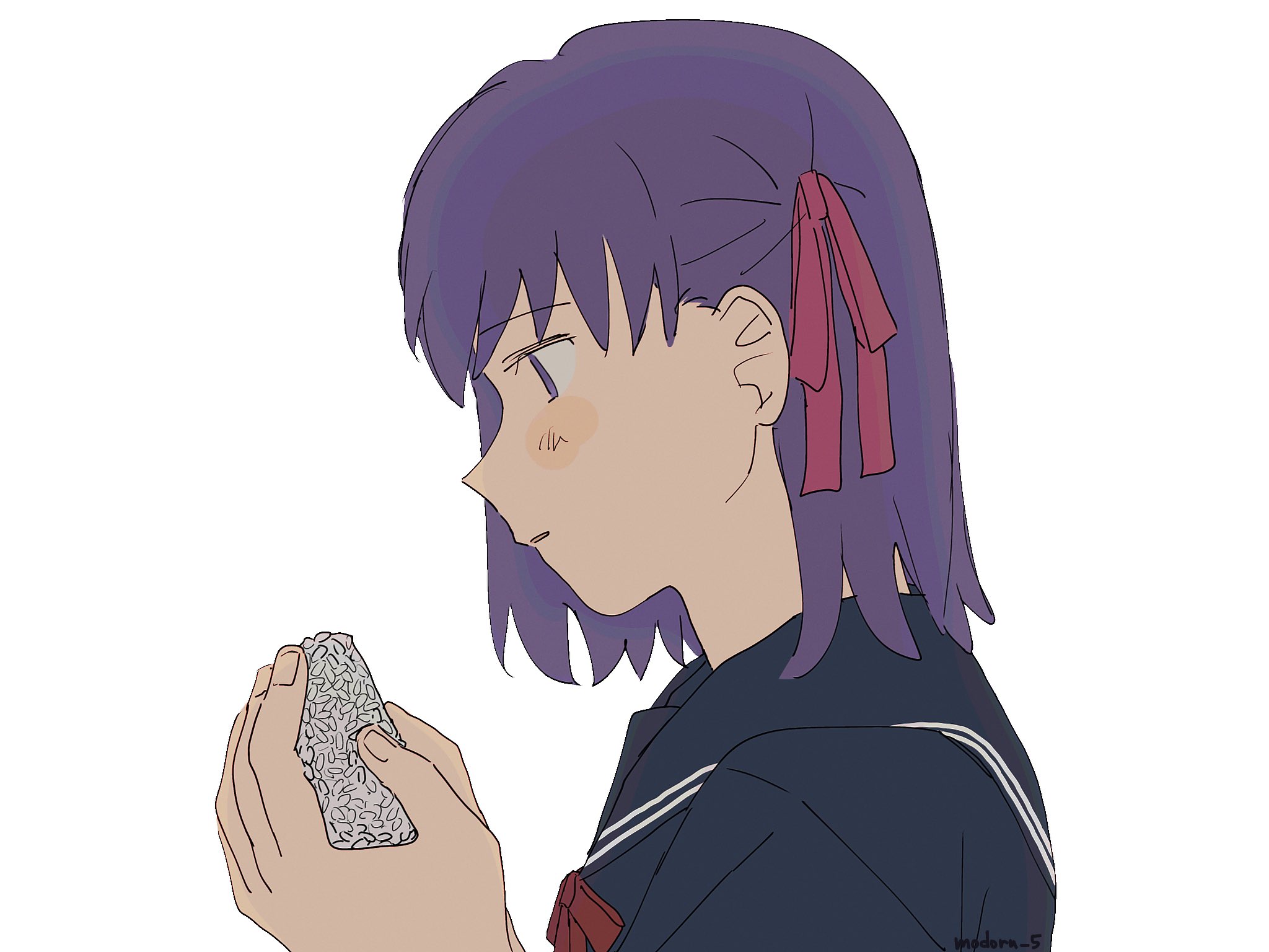 modoru 5, matou sakura, fate/stay night, fate (series), commentary request, highres, 1girl, black serafuku, food, from side, hair ribbon, holding, holding food, onigiri, portrait, purple eyes, purple hair, ribbon, school uniform, serafuku, solo