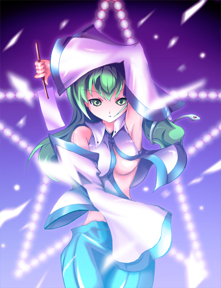 enfinity gagrden, sys.ao, kochiya sanae, touhou, bad id, bad pixiv id, 1girl, armpits, breasts, danmaku, detached sleeves, female focus, gohei, green hair, large breasts, oonusa, solo, underboob