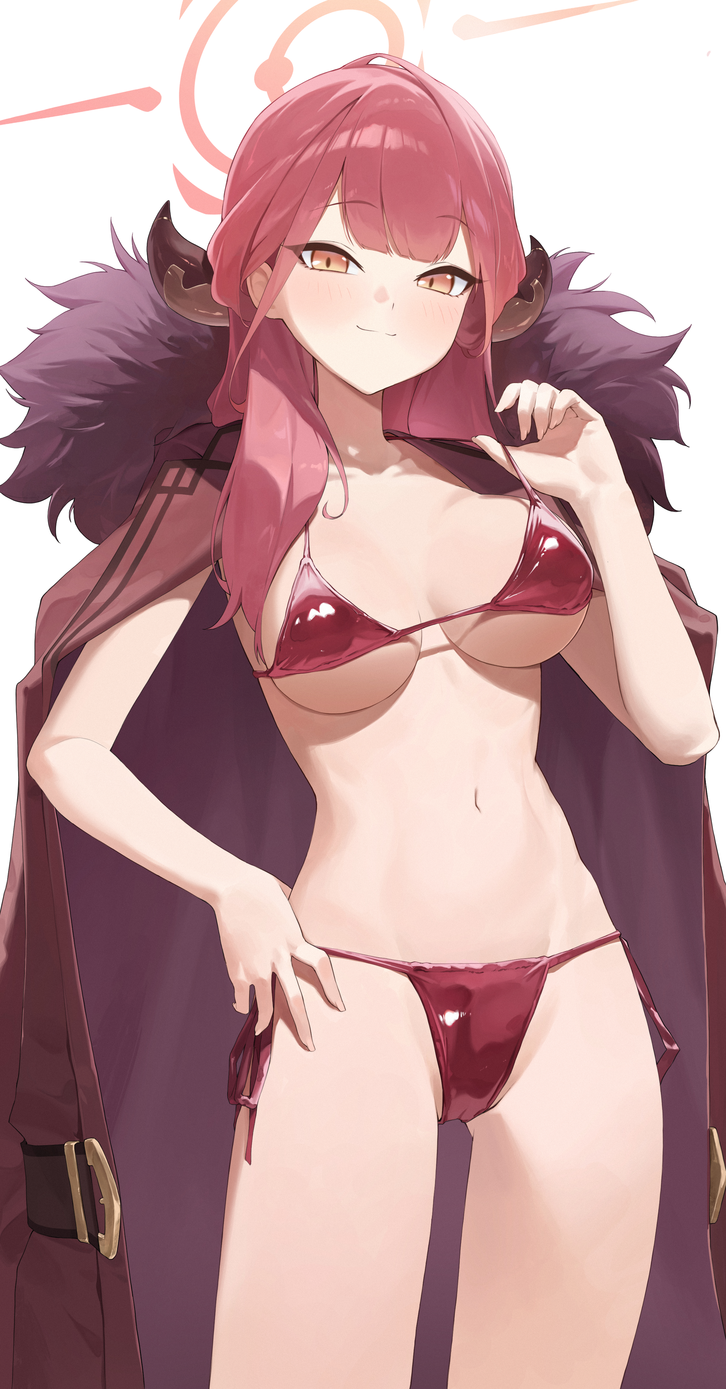 chiisamekai, aru (blue archive), blue archive, absurdres, commentary request, highres, 1girl, bikini, breasts, brown horns, coat, coat on shoulders, demon horns, fur-trimmed coat, fur trim, halo, horns, long hair, looking at viewer, medium breasts, orange eyes, red bikini, red hair, red halo, side-tie bikini bottom, simple background, solo, standing, swimsuit, white background