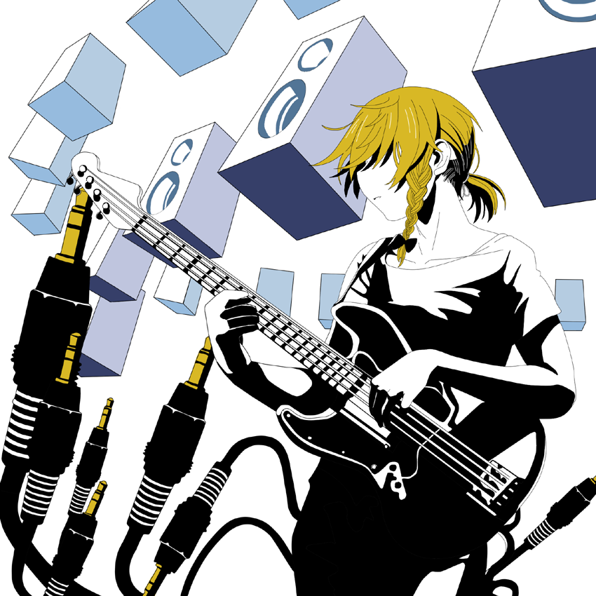 kirusu, kirisame marisa, touhou, bad id, bad pixiv id, 1girl, album cover, audio jack, bass guitar, blonde hair, braid, cover, female focus, instrument, partially colored, ponytail, short hair, side braid, single braid, solo, speaker, white background