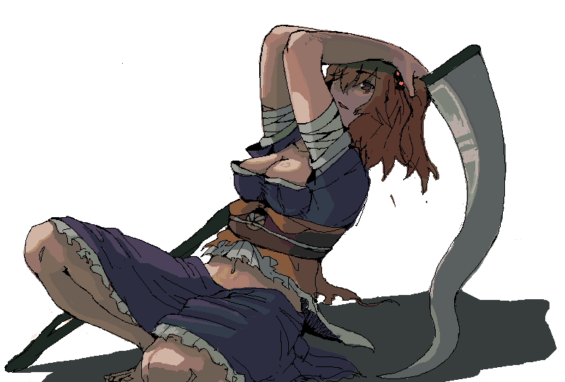 kirusu, onozuka komachi, touhou, bad id, bad pixiv id, 1girl, breasts, female focus, hair bobbles, hair ornament, midriff, navel, oekaki, red hair, scythe, short hair, simple background, solo, squatting, white background