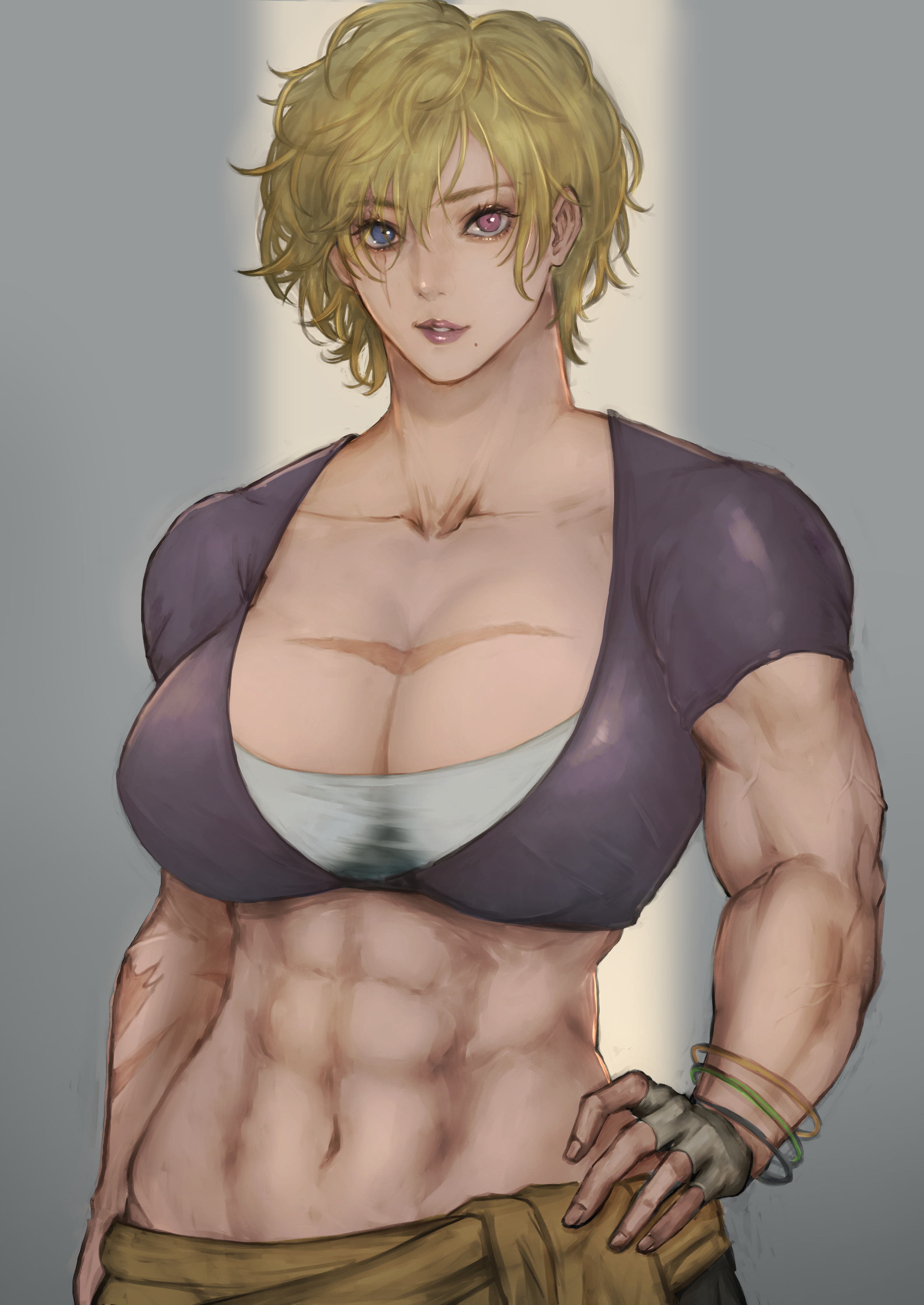 oliver (oliverclassict), original, absurdres, commission, highres, mixed-language commentary, skeb commission, variant set, 1girl, 2025, abs, blonde hair, blue eyes, bra, breasts, cleavage, clothes around waist, cropped shirt, curly hair, female focus, fingerless gloves, gloves, grey background, grey gloves, hand on own hip, heterochromia, jacket, jacket around waist, large breasts, looking at viewer, midriff, mole, mole under mouth, muscular, muscular female, navel, open clothes, open shirt, parted lips, pink lips, purple shirt, red eyes, scar, scar on arm, scar on chest, shirt, short hair, simple background, smile, solo, standing, taut clothes, toned, toned female, underwear, upper body, white bra
