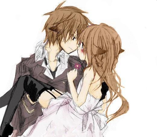 jpeg artifacts, 1boy, 1girl, brown hair, carrying, couple, dress, flower, gloves, hetero, long hair, thighhighs