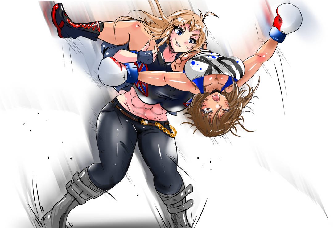 rpgplus, krystal (killerkrystal64), original, commentary, commission, english commentary, 2022, 2girls, abs, ahoge, ass, bandeau, bare legs, black boots, black bra, black choker, black jacket, black pants, black shorts, blue eyes, boots, boxing gloves, bra, breasts, brown hair, chain, choker, cleavage, cropped jacket, female focus, full body, gold chain, grin, huge ass, jacket, lace-up boots, large breasts, leather, leather belt, leather pants, legs apart, midriff, multiple girls, muscular, muscular female, open mouth, pants, parted bangs, powerbomb, saliva, shorts, simple background, smile, submission, toned, toned female, tongue, underwear, union jack, v-shaped eyebrows, white background, white boots