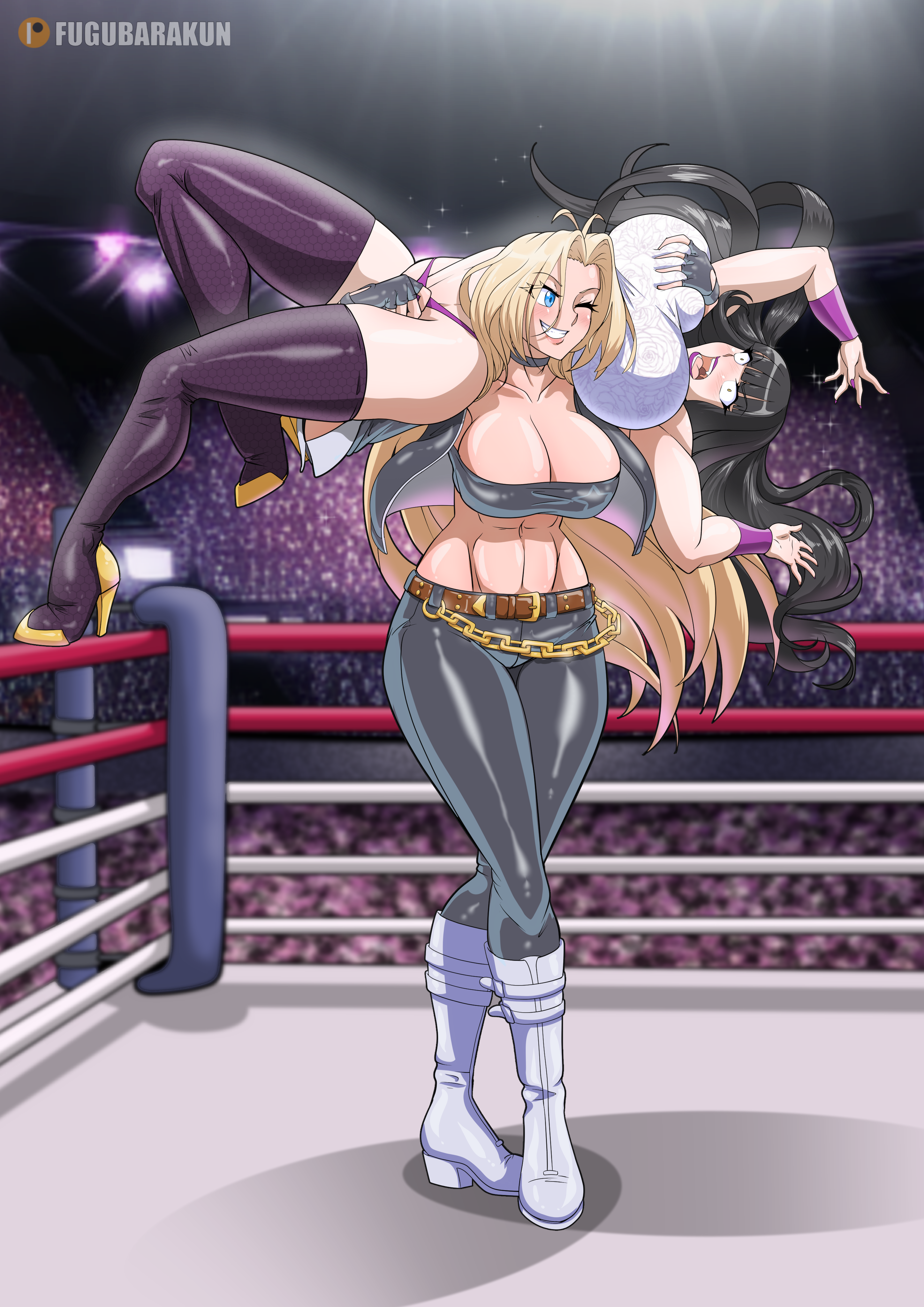 fugubarakun, krystal (killerkrystal64), ying tao (grapplergoddess), original, absurdres, commentary, commission, english commentary, highres, 2023, 2girls, abs, ahoge, arms up, artist name, assertive female, bandeau, black bra, black choker, black hair, black jacket, black pants, blue eyes, blunt bangs, blush, boots, bra, breasts, carrying, carrying over shoulder, carrying person, chain, choker, cleavage, constricted pupils, cropped jacket, crotch rub, eyebrows hidden by hair, eyeliner, female focus, floating hair, gold chain, grabbing another's breast, grin, groping, hexagon print, high heel boots, high heels, huge breasts, indoors, jacket, leather, leather belt, leather pants, leotard, long hair, makeup, midriff, multiple girls, muscular, muscular female, one eye closed, open mouth, pants, parted bangs, purple lips, purple nails, purple thighhighs, purple trim, ryona, shadow, smile, stage lights, standing, straight hair, thick thighs, thigh high boots, thighhighs, thighs, underwear, unmoving pattern, vambraces, white boots, white leotard, wide-eyed, wink, wrestling, wrestling outfit, wrestling ring, yellow eyes, yellow trim